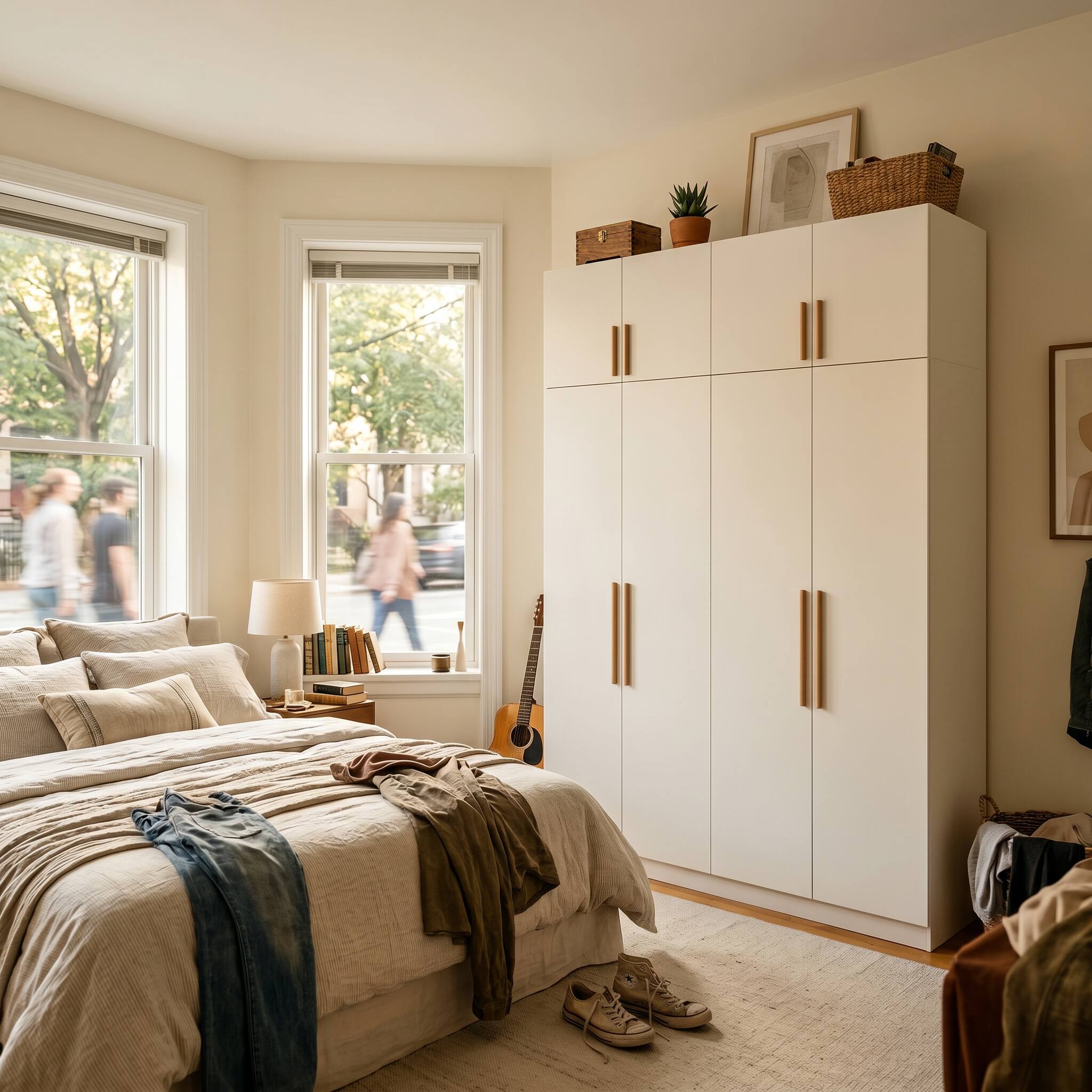 Angle. Famapy - 90.6" Tall 4-Door Wardrobe Armoire with Top Cabinets,Large Capacity Bedroom Closet Organizer with Hanging Rod & Shelves. - White.