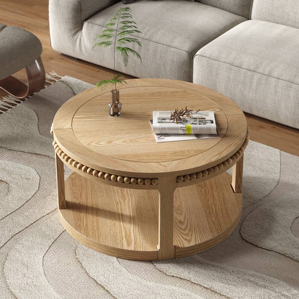 Angle. Loheer - Loheer 31.5 inch round solid wood coffee table Two-Tier Open Storage - Natural Wood.
