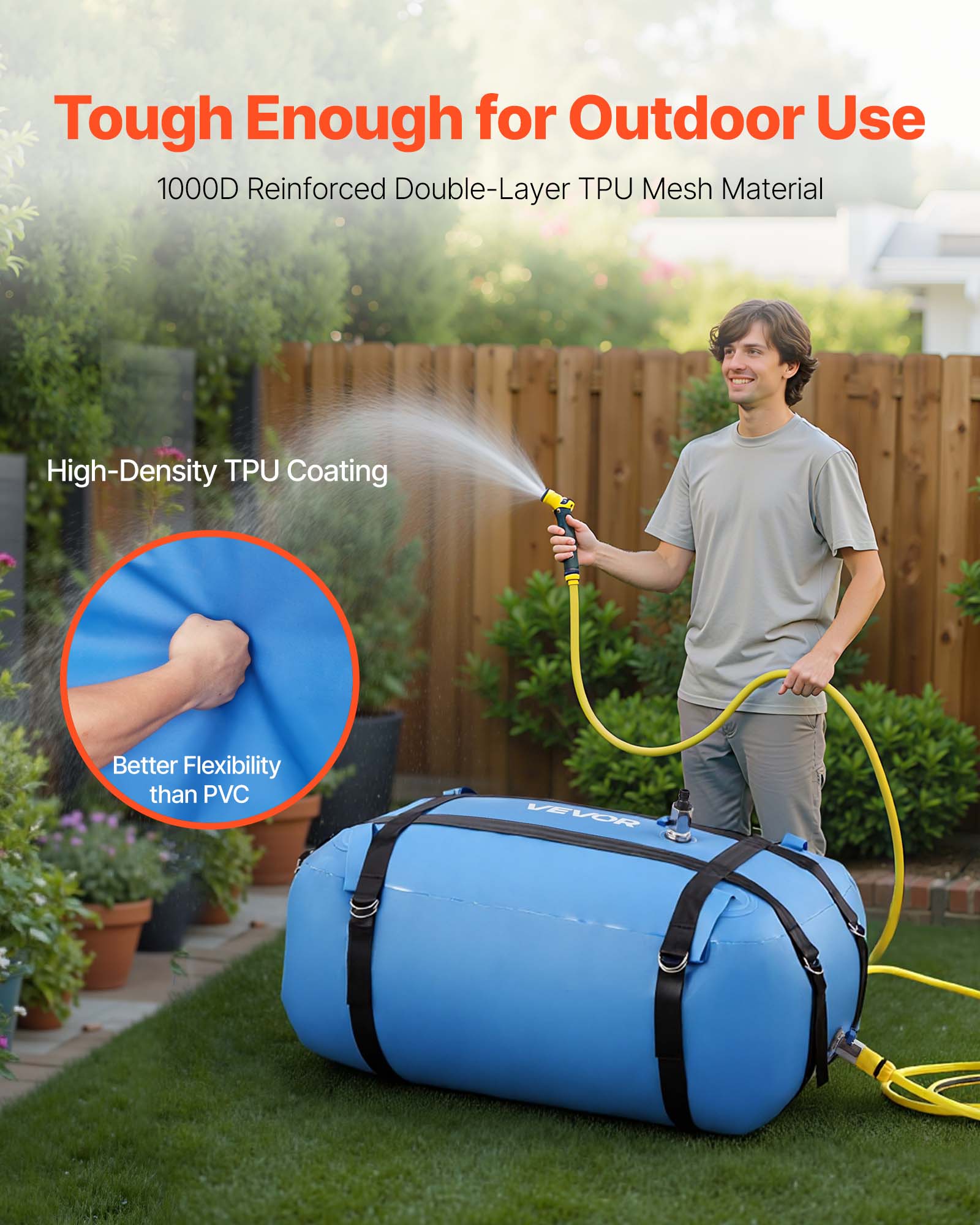 Tough Enough for Outdoor Use  
1000D Reinforced Double-Layer TPU Mesh Material  
High-Density TPU Coating  
Better Flexibility than PVC