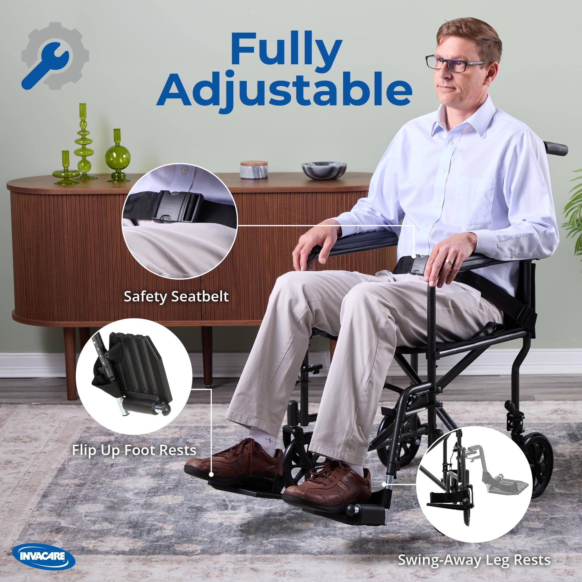 Fully Adjustable Safety Seatbelt Flip Up Foot Rests INVACARE Swing-Away Leg Rests