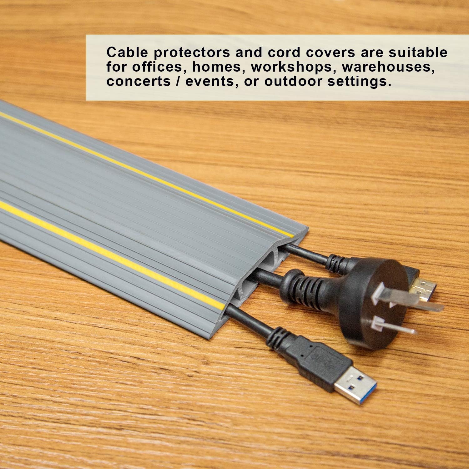 Cable protectors and cord covers are suitable for offices, homes, workshops, warehouses, concerts / events, or outdoor settings.