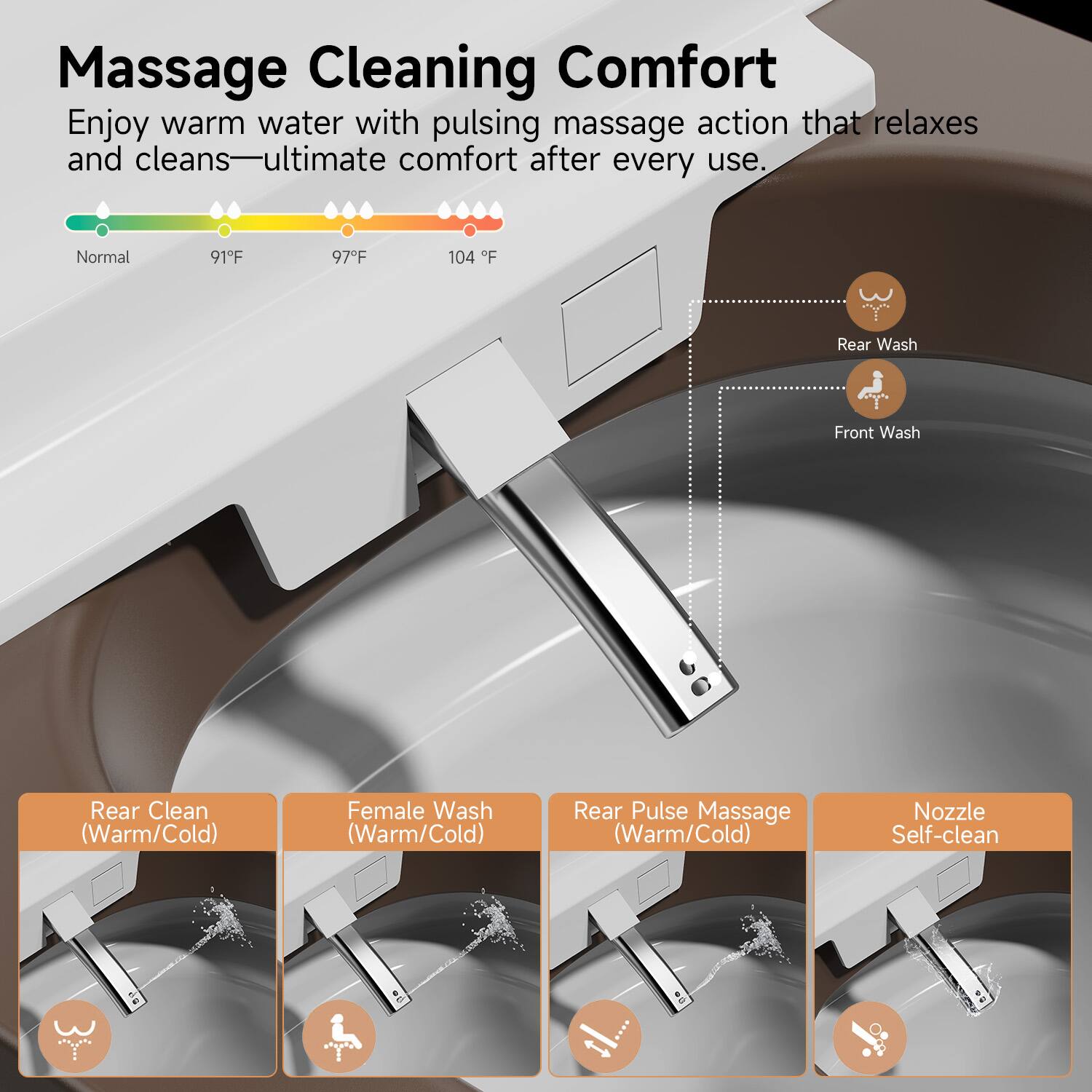 Massage Cleaning Comfort

Enjoy warm water with pulsing massage action that relaxes and cleans—ultimate comfort after every use.

- Normal
- 91°F
- 97°F
- 104°F

- Rear Wash
- Front Wash
- Rear Clean (Warm/Cold)
- Female Wash (Warm/Cold)
- Rear Pulse Massage (Warm/Cold)
- Nozzle Self-clean