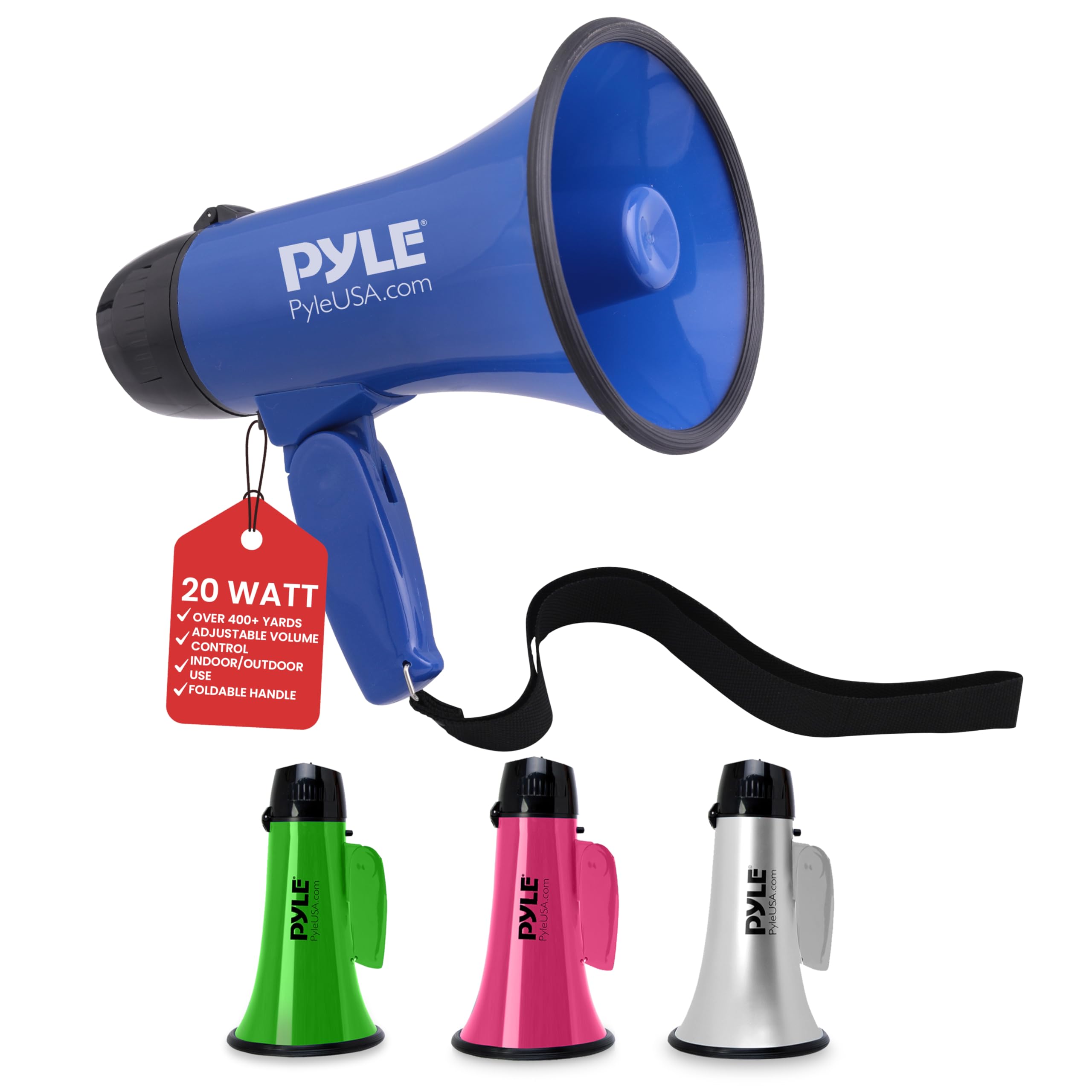 PYLE PyleUSA.com 20 WATT OVER 400+ YARDS ADJUSTABLE VOLUME CONTROL INDOOR/OUTDOOR USE FOLDABLE HANDLE - PYLE PHELDA.com