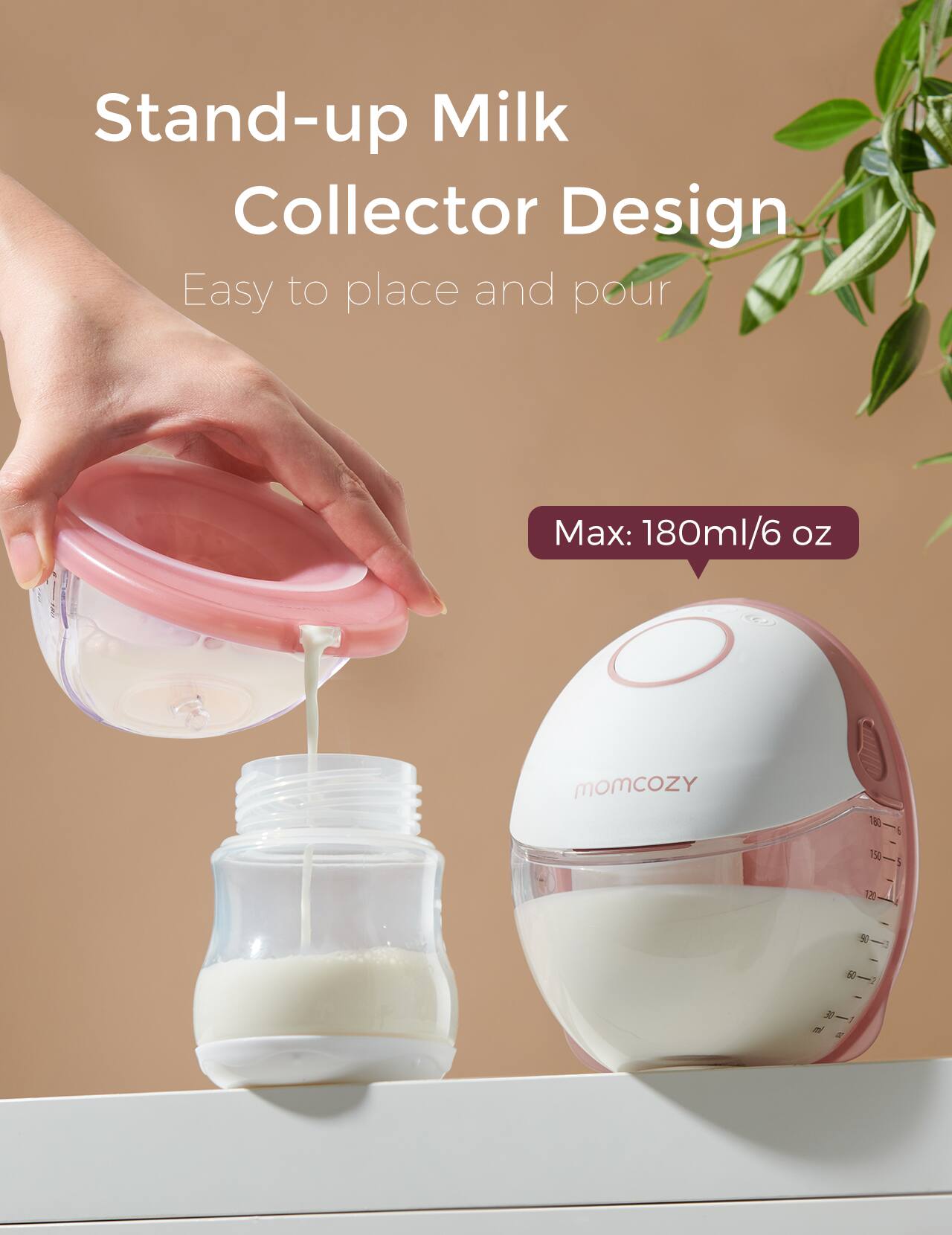 Stand-up Milk Collector Design, Easy to place and pour, Max: 180ml/6 oz, MOmcOZY 140, 150, 120, 90, 50, 30, 10, 0 ml