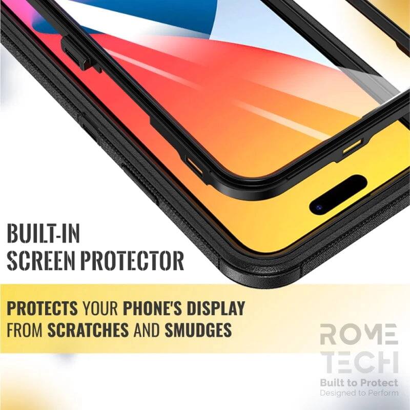 BUILT-IN SCREEN PROTECTOR  
PROTECTS YOUR PHONE'S DISPLAY FROM SCRATCHES AND SMUDGES  

ROME TECH  
Built to Protect  
Designed to Perform