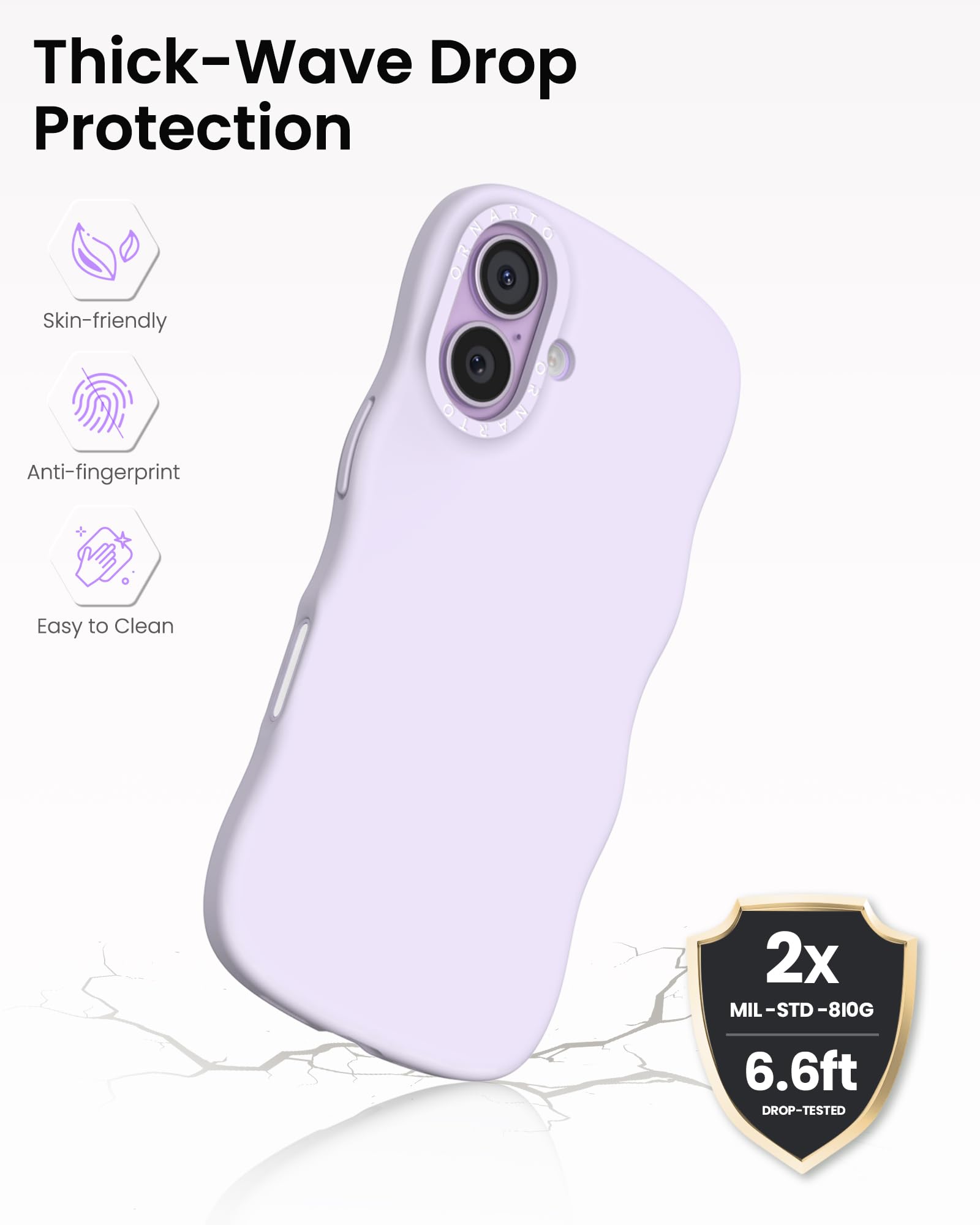 Thick-Wave Drop Protection

- Skin-friendly
- Anti-fingerprint
- Easy to Clean

2x MIL-STD-810G  
6.6ft DROP-TESTED