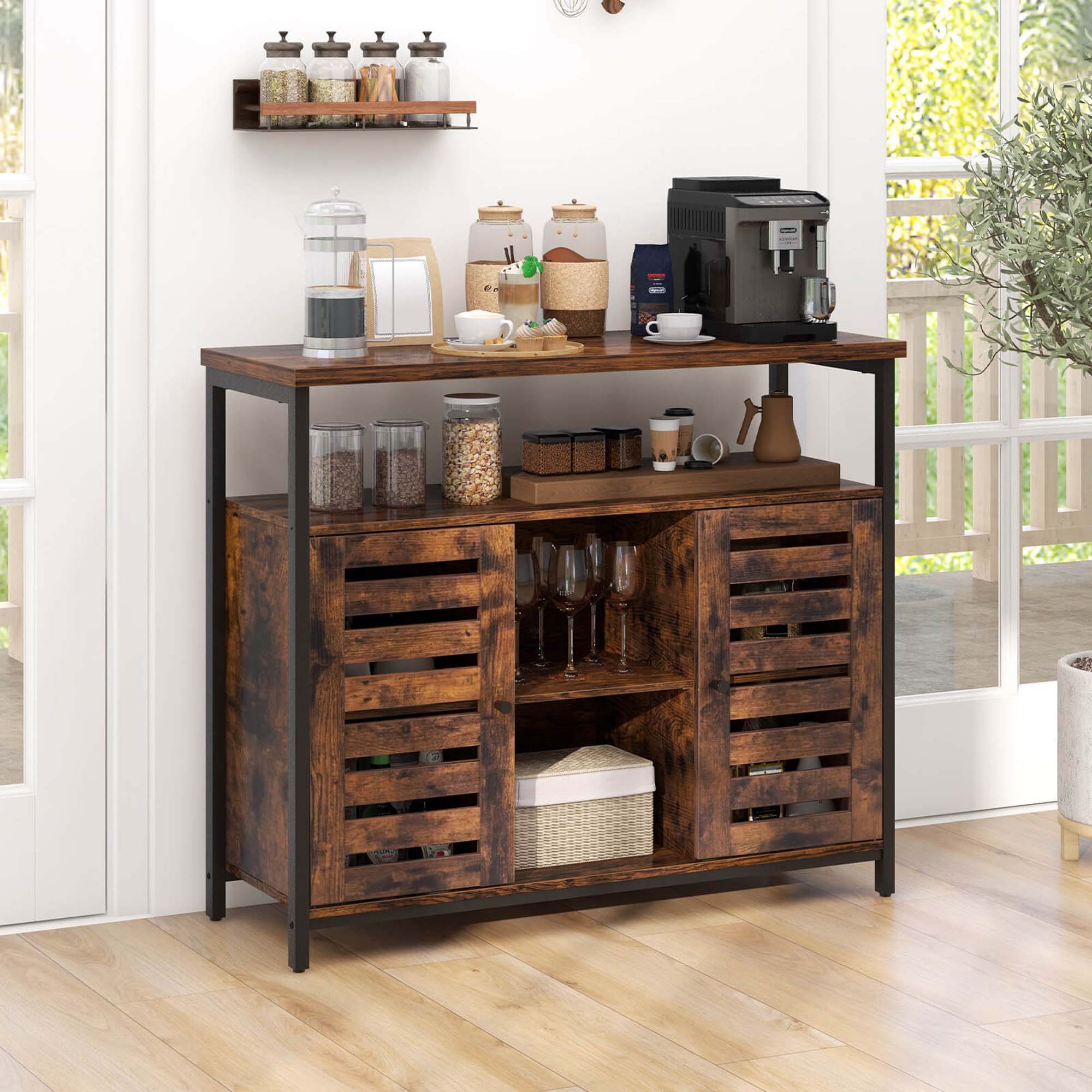 Alt View 4. Costway - Buffet Cabinet Industrial Sideboard Storage Cabinet with Push-to-Open Slatted Door - Rustic Brown & Black.