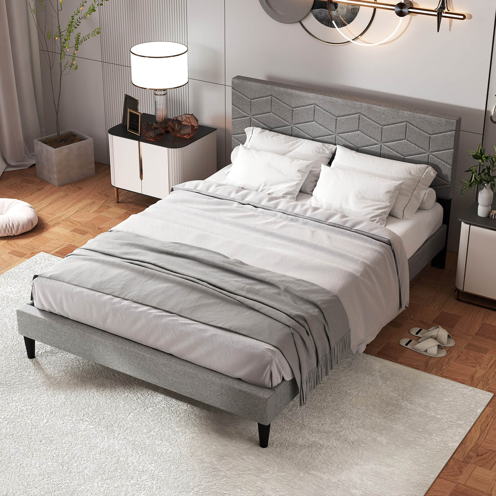 Alt View 4. Costway - Costway Full Size Bed Frame with Linen Fabric Upholstered Headboard & Wooden Slat Support - Gray.