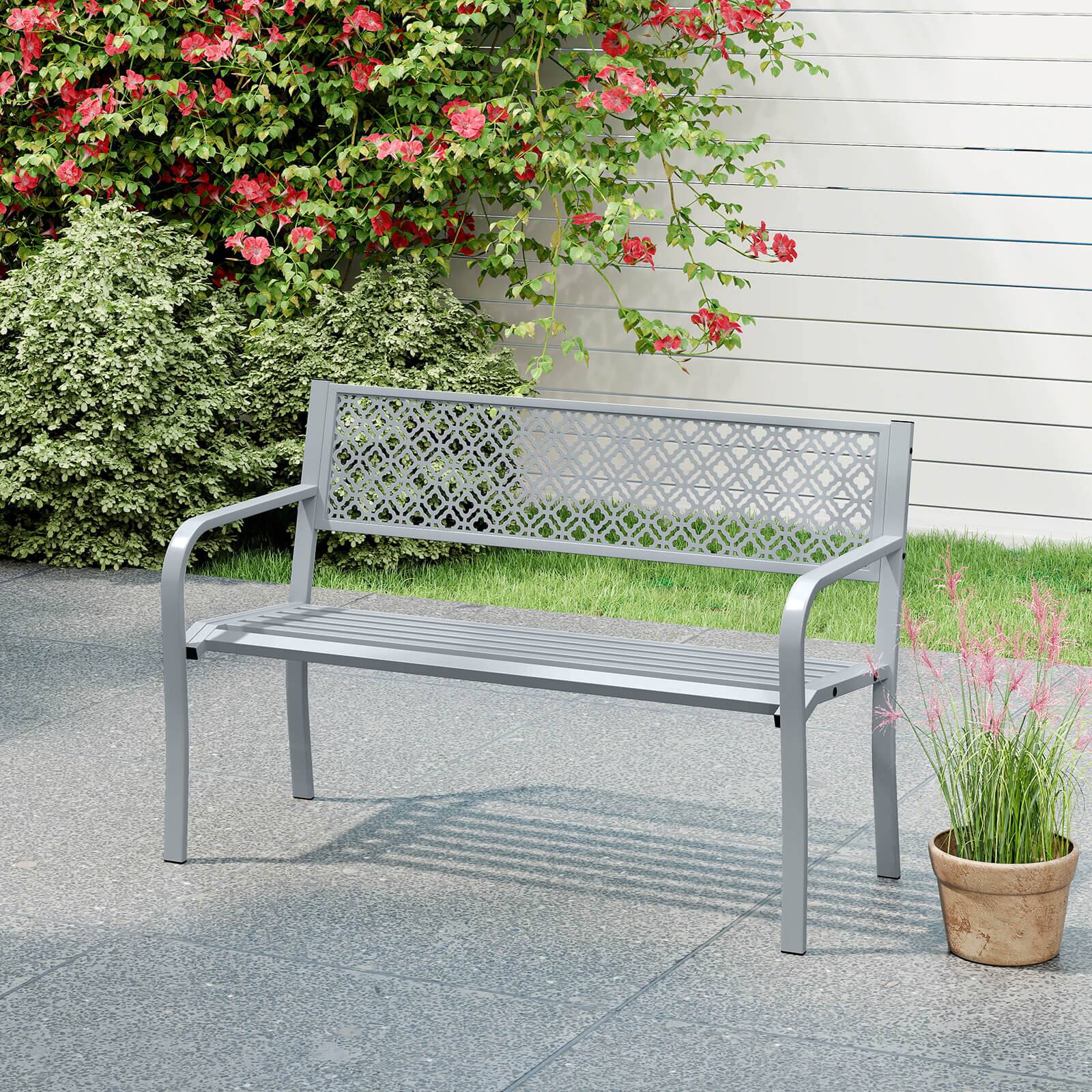 Alt View 4. Costway - Costway 50" Outdoor Garden Bench with Geometric Lattice Backrest  Armrests and Slatted Seat - Gray.