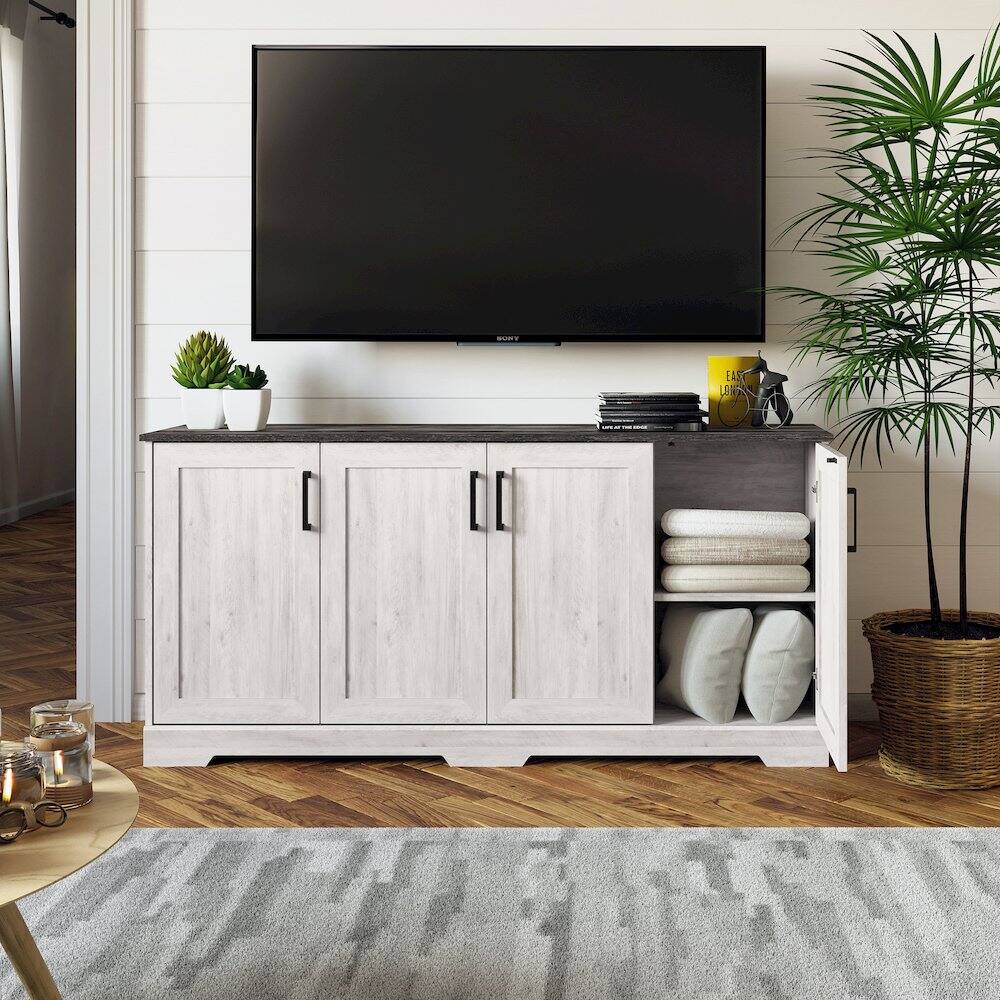 Back. Prepac - Rustic Ridge 4-Door Console Table Washed White Engineered Wood Sideboard - White.