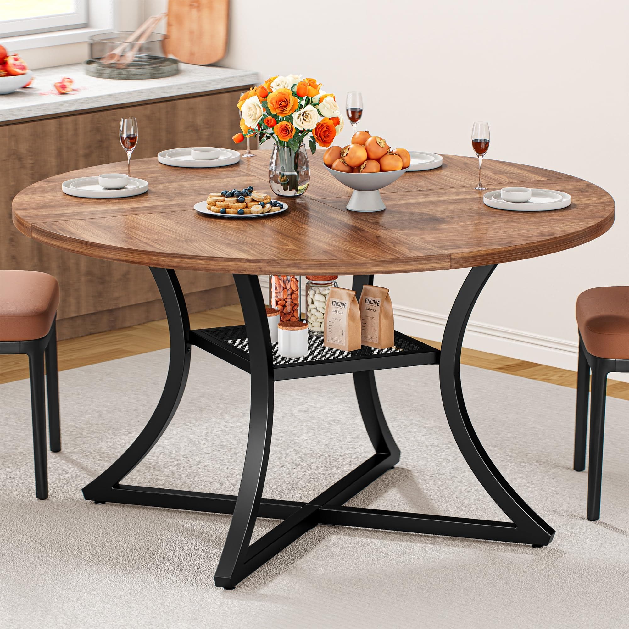 MAGICAL RUBS - 47.2" Round Dining Table For 4 Wood Kitchen With Storage Shelf Room Dinner Wooden Tabletop And Metal Base Gray - Cherry