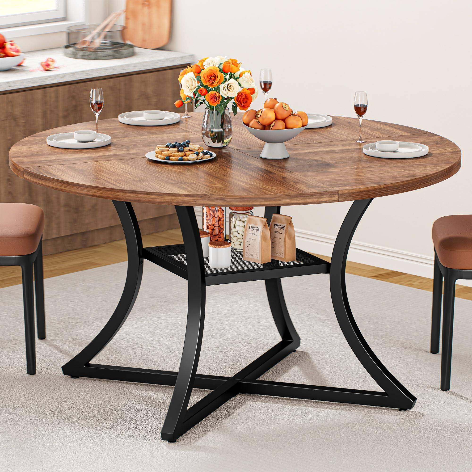 MAGICAL RUBS - 47.2" Round Dining Table For 4 Wood Kitchen With Storage Shelf Room Dinner Wooden Tabletop And Metal Base Gray - Cherry