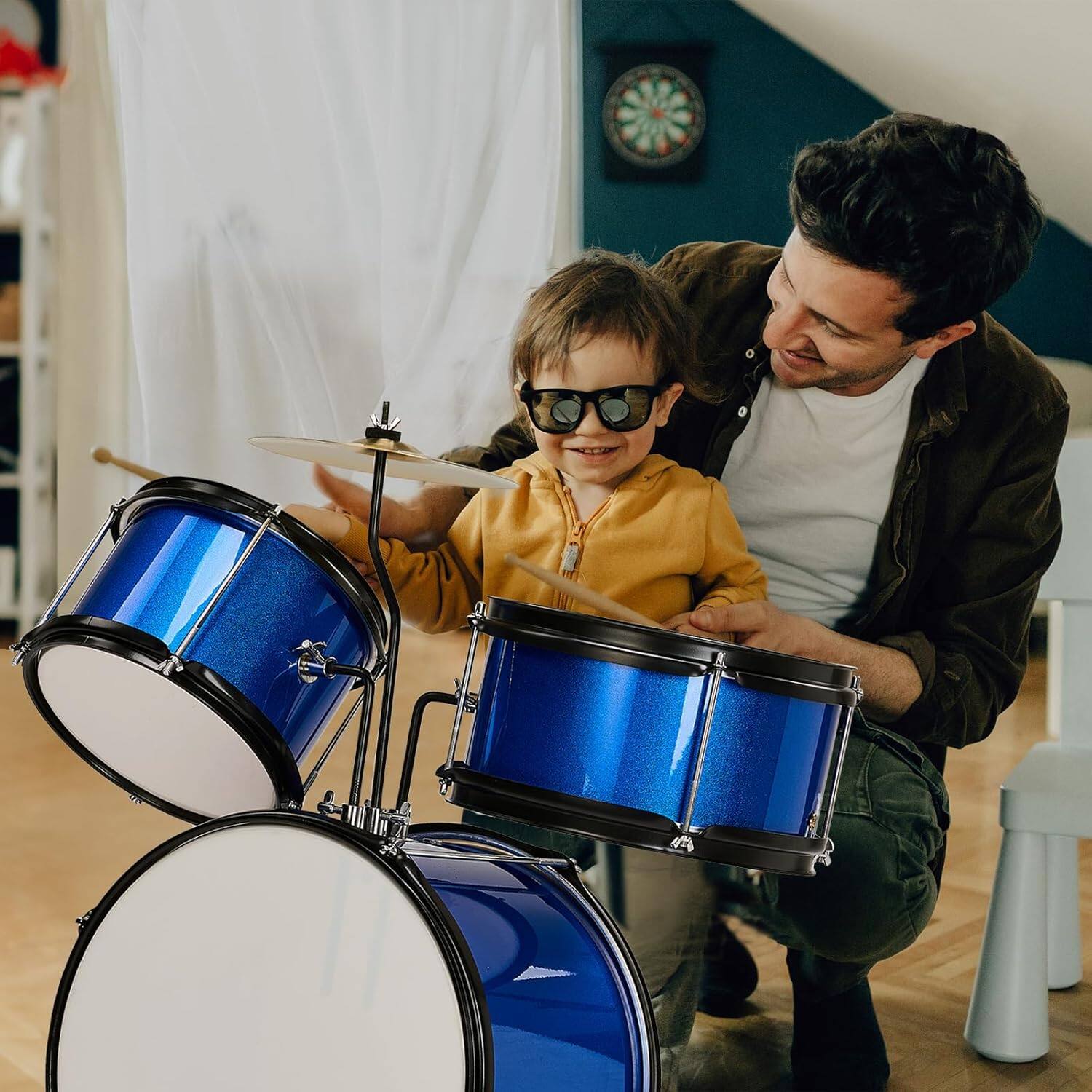Back. Winado - 3-Piece Drum Set, 14 Inch Beginners Drums Kit with Throne Stool, Pedal & 2 Pairs of Drumsticks, Junior Drums Set Musical - Blue.