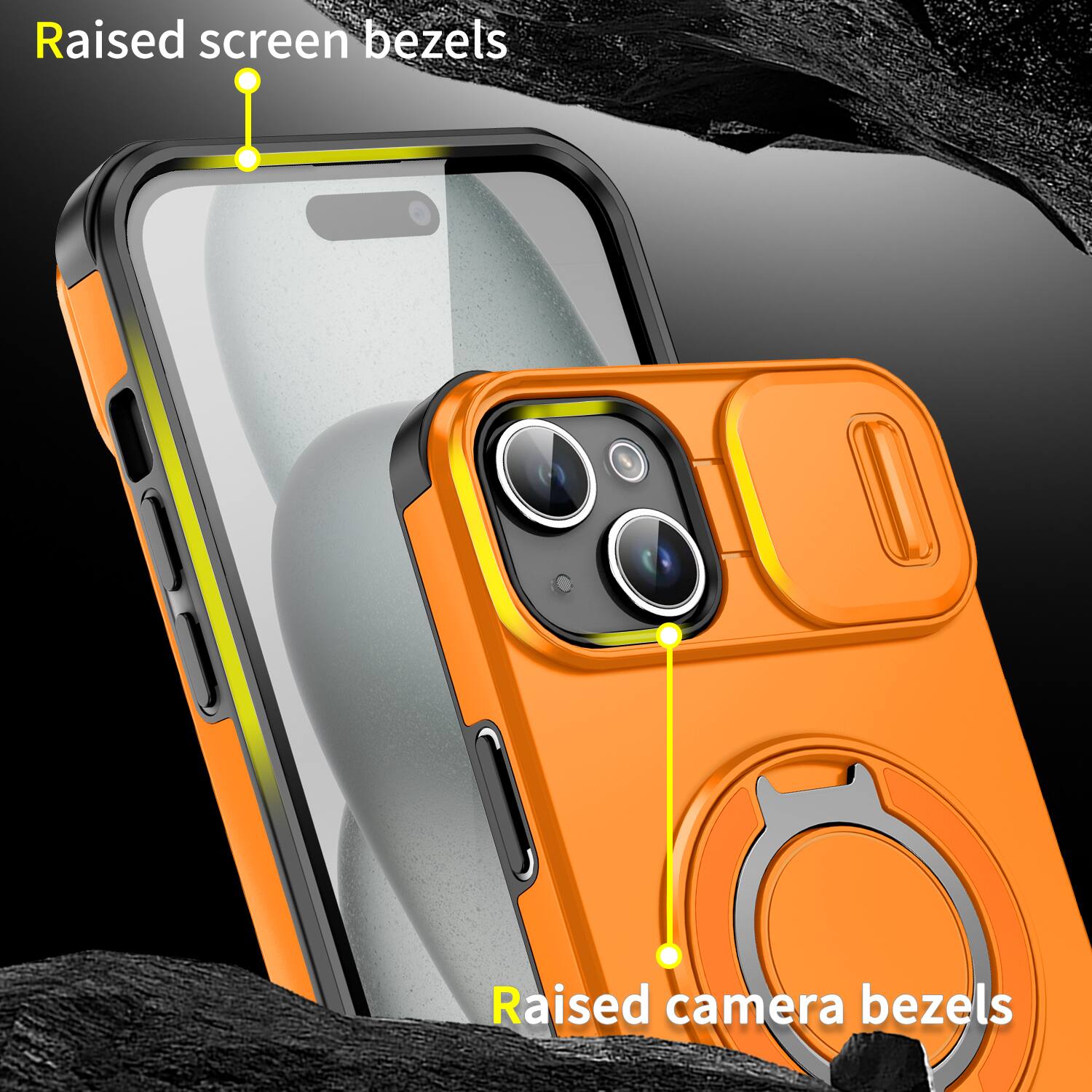 Raised screen bezels  
Raised camera bezels