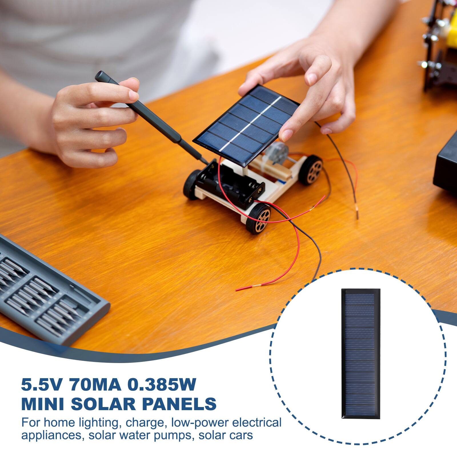 5.5V 70MA 0.385W MINI SOLAR PANELS

For home lighting, charge, low-power electrical appliances, solar water pumps, solar cars