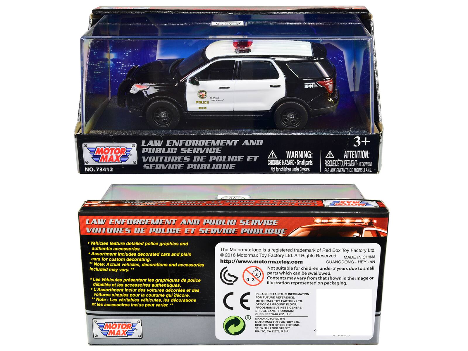 SNE 19112  
POLICE  
LAW ENFORCEMENT AND PUBLIC SERVICE  
VOITURES DE POLICE ET SERVICE PUBLIC  

WARNING: ATTENTION:  
CHOKING HAZARD - Small parts.  
RISQUE DE TOUFFEMENT - NE RECOMMANDE PAS AUX ENFANTS DE MOINS DE 3 ANS.  

3+  
Not for children under 3 years.  

Vehicles feature detailed police graphics and authentic accessories.  
The Motormax logo is a registered trademark of Red Box Ltd.  
Toy Factory Assortment includes decorated cars and plain cars for custom decorating.  
Note: Actual vehicles, decorations and accessories included may vary.  

The Motormax logo is a registered trademark of Red Box Ltd.  
© 2016 Motormax Toy Factory Ltd. All Rights Reserved.  
MADE IN CHINA  
GUANGDONG - HEYUAN  

http://www.motormaxtoy.com  

Les Véhicules présentent les graphiques de police et les accessoires authentiques.  
L'Assortiment inclut des voitures simples pour décorer, et les accessoires inclus peuvent varier.  
Note: Les véritables
