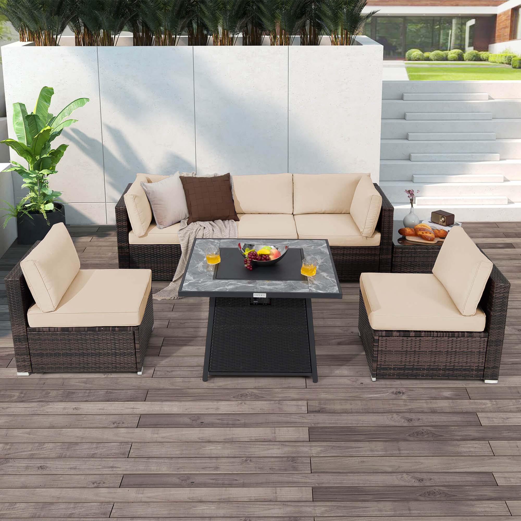 Alt View 1. Costway - 7 PCS Patio Furniture Set with 35" Propane Gas Fire Pit Table & Waterproof Cover - Brown.
