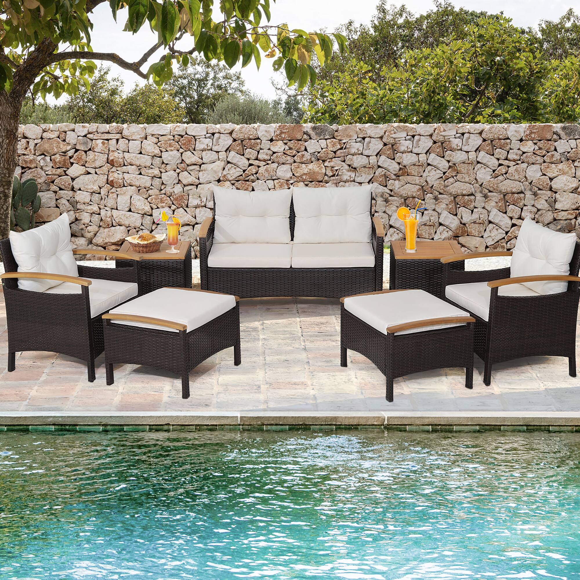 Alt View 1. Costway - Costway 7PCS Patio Rattan Furniture Set Cushion Armrest Loveseat Ottoman Table - Off White.