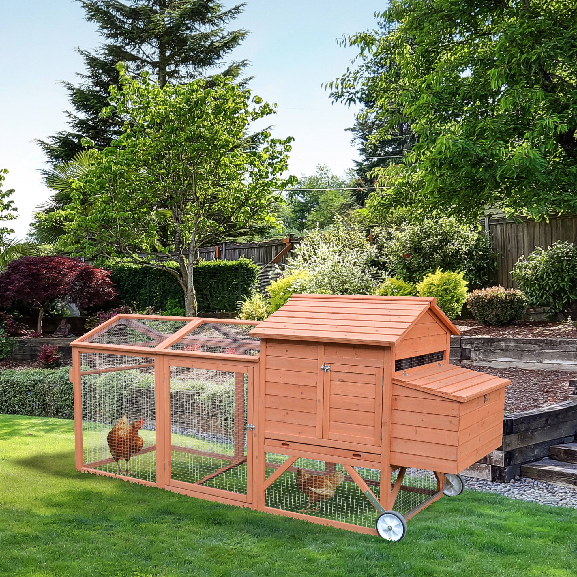 Angle. Pawhut - 96.5" Chicken Coop Wooden Hen House Poultry Cage Pen Portable with Wheels, Nesting Box, for Backyard Outdoor.