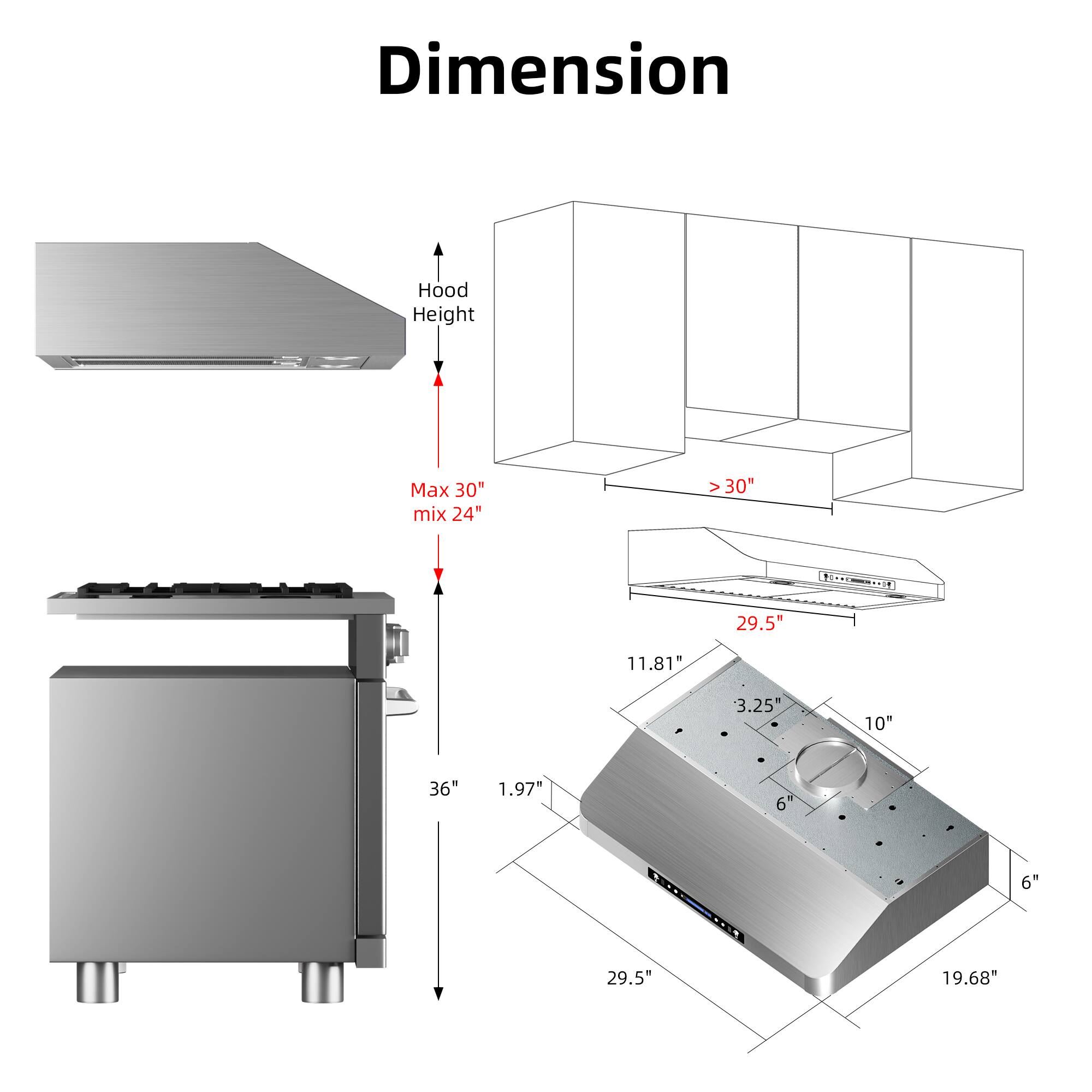 Dimension  
Hood Height  
Max 30" mix 24"  
V  
30"  
29.5"  
11.81"  
3.25"  
10"  
36"  
1.97"  
6"  
29.5"  
19.68"  
6"