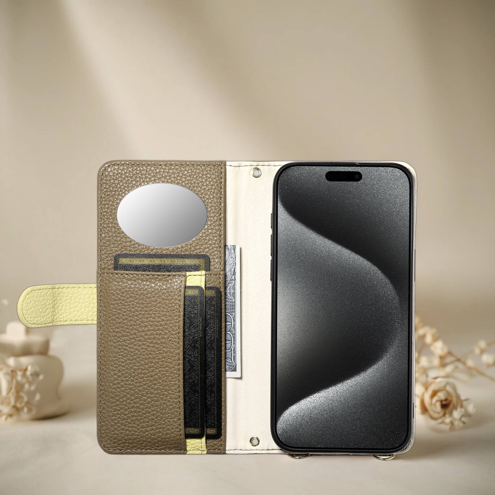 Back. Dteck - Wallet Case for Samsung Galaxy S26+ with Crossbody Strap and Wristlet, PU Leather Zipper Purse Kickstand Cover - Brown.