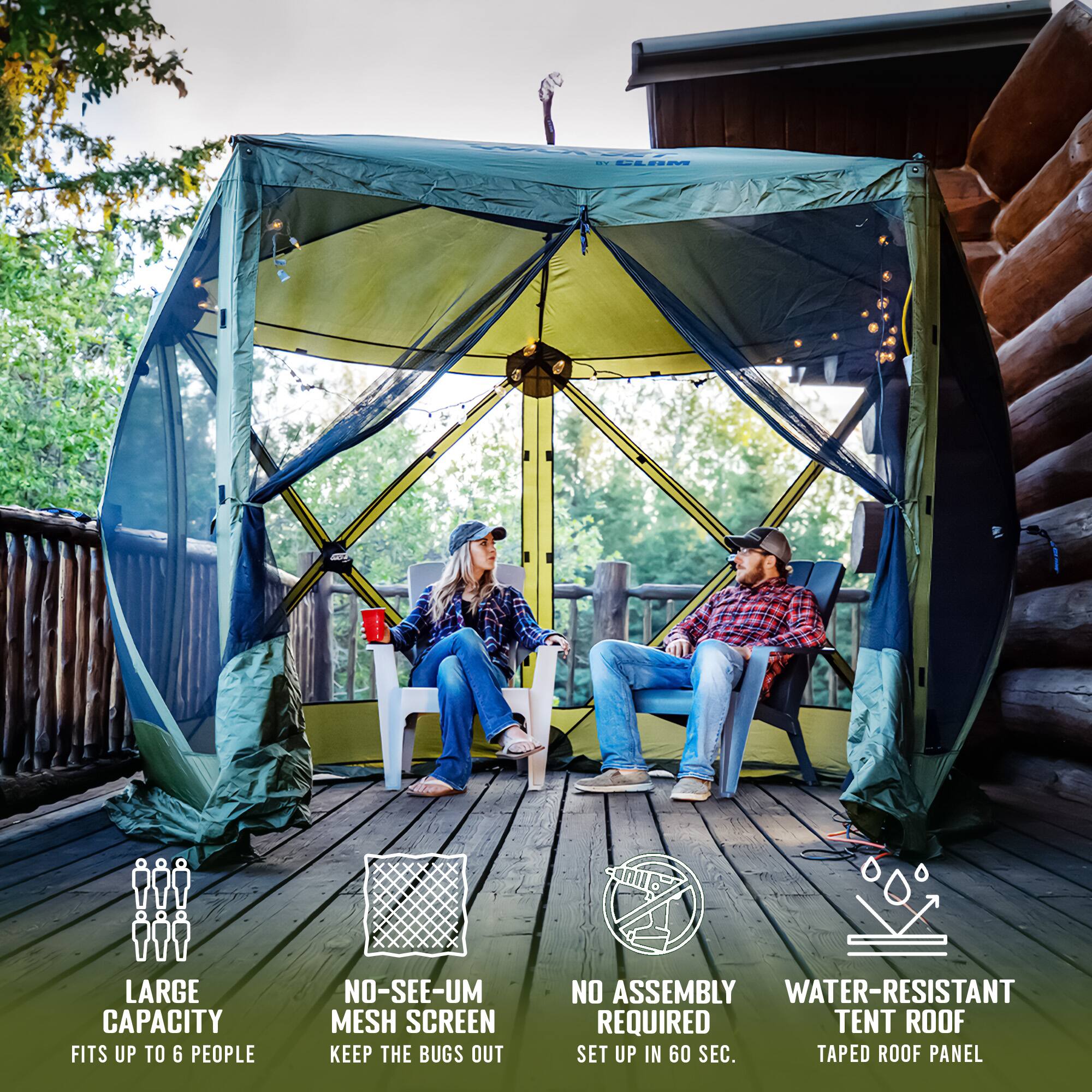 - LARGE CAPACITY: FITS UP TO 6 PEOPLE
- NO-SEE-UM MESH SCREEN: KEEP THE BUGS OUT
- NO ASSEMBLY REQUIRED: SET UP IN 60 SEC.
- WATER-RESISTANT TENT ROOF: TAPE ROOF PANEL