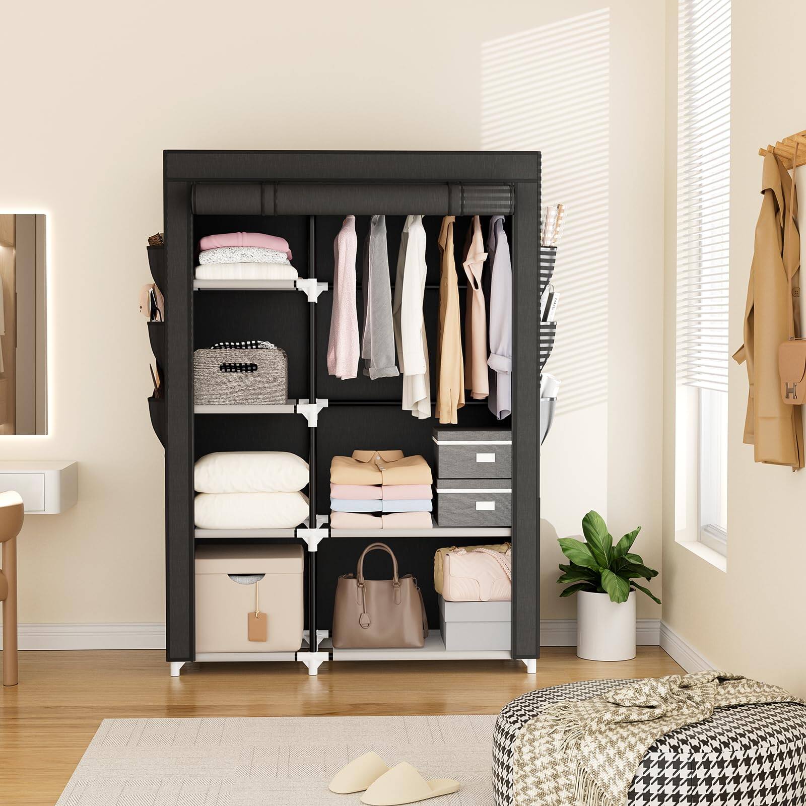Alt View 1. ThinkLink Electronic - Wardrobe Closet Wide Portable Closets For Hanging Clothes With 1 Rod 6 Shelves 6 Pockets Rack Cover Bedroom - Black.