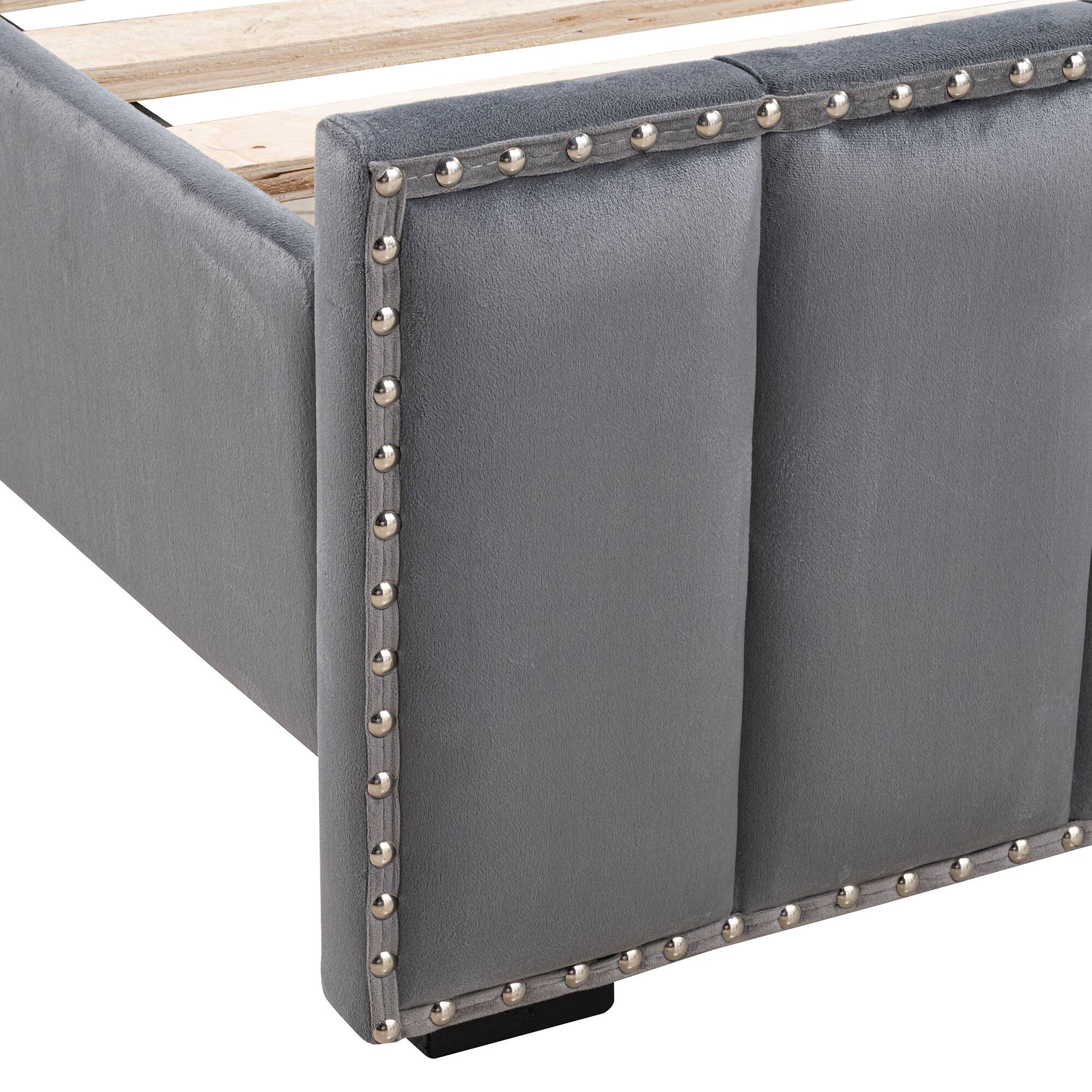 Alt View 6. Vaczon - Full Platform Bed with USB & Power Outlets, Fabric Headboard Solid Wood Frame, Modern Bedroom Furniture - Dark Gray.