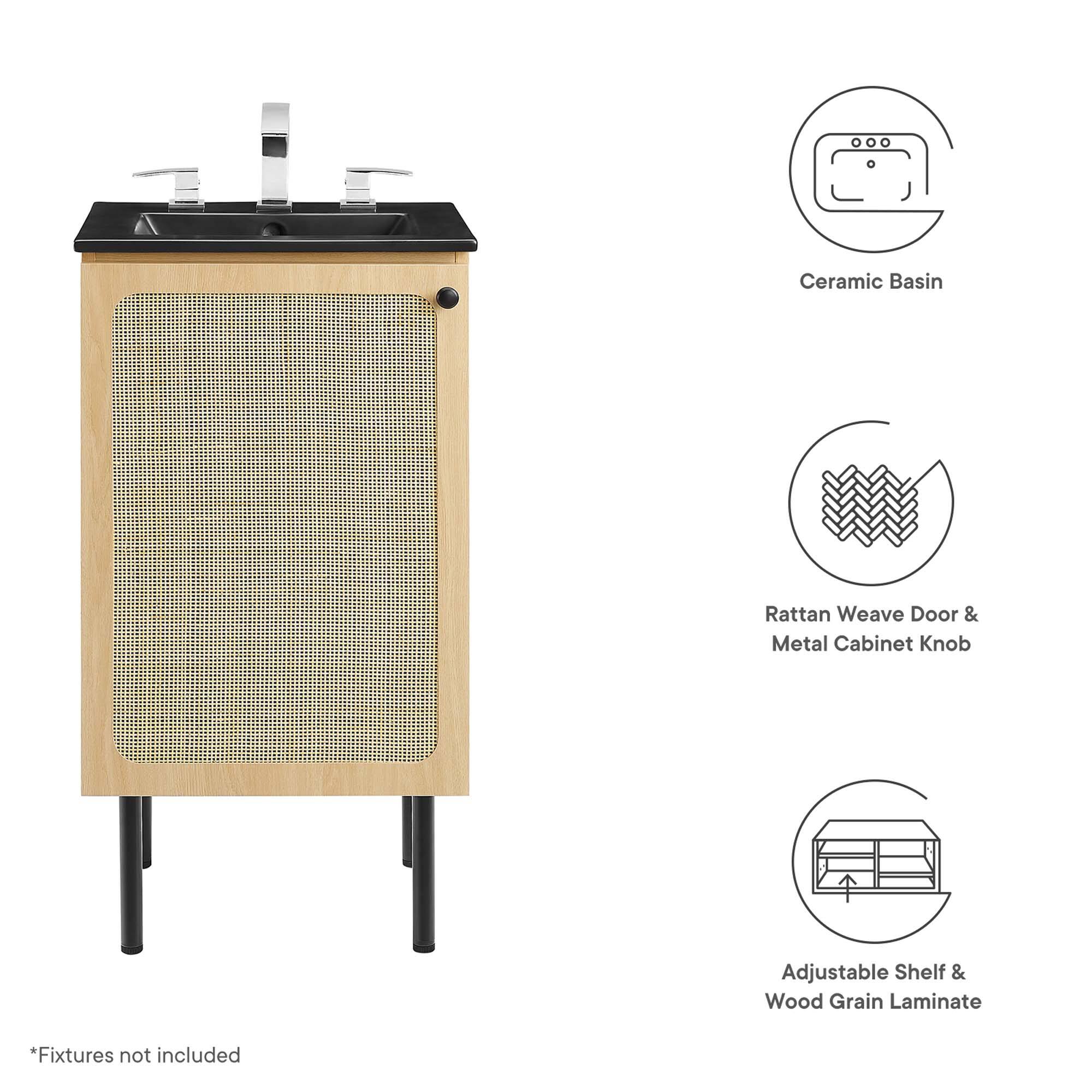Ceramic Basin  
Rattan Weave Door & Metal Cabinet Knob  
Adjustable Shelf & Wood Grain Laminate  

*Fixtures not included