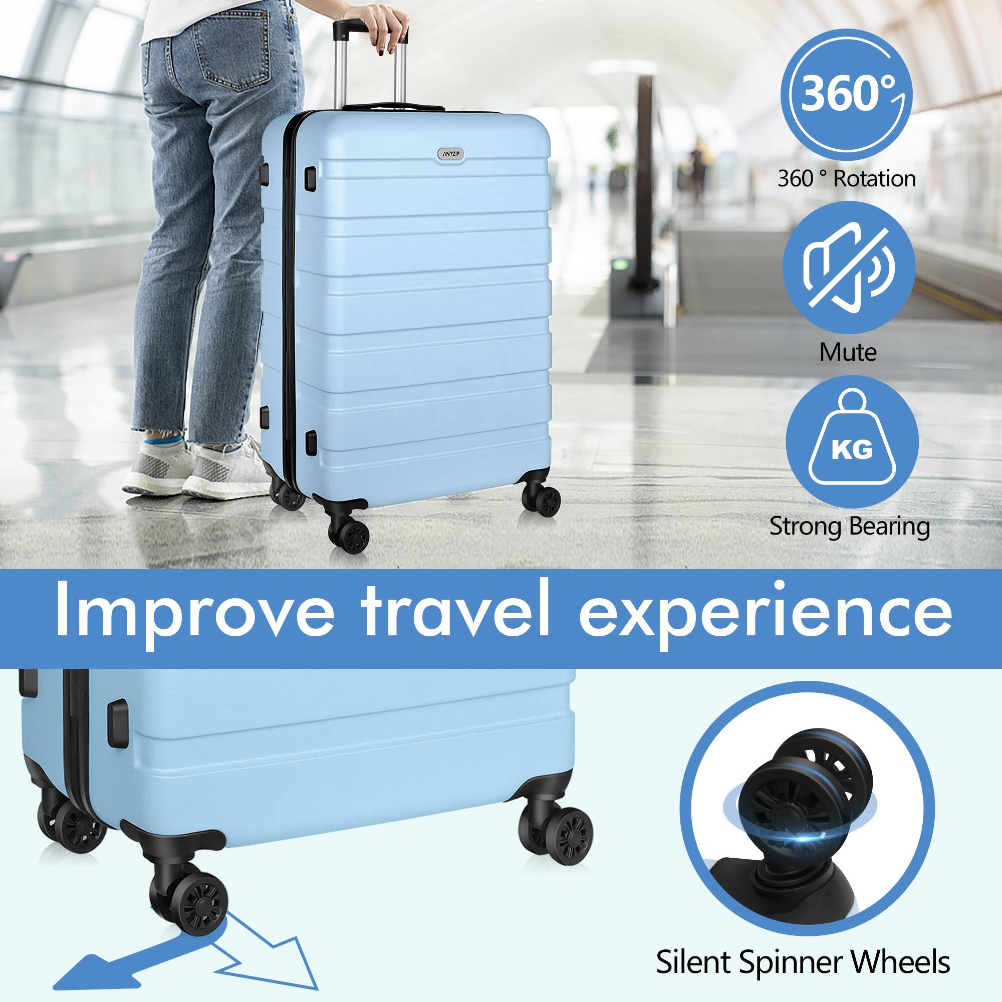 360° Rotation  
Mute  
Strong Bearing  
Silent Spinner Wheels  

Improve travel experience