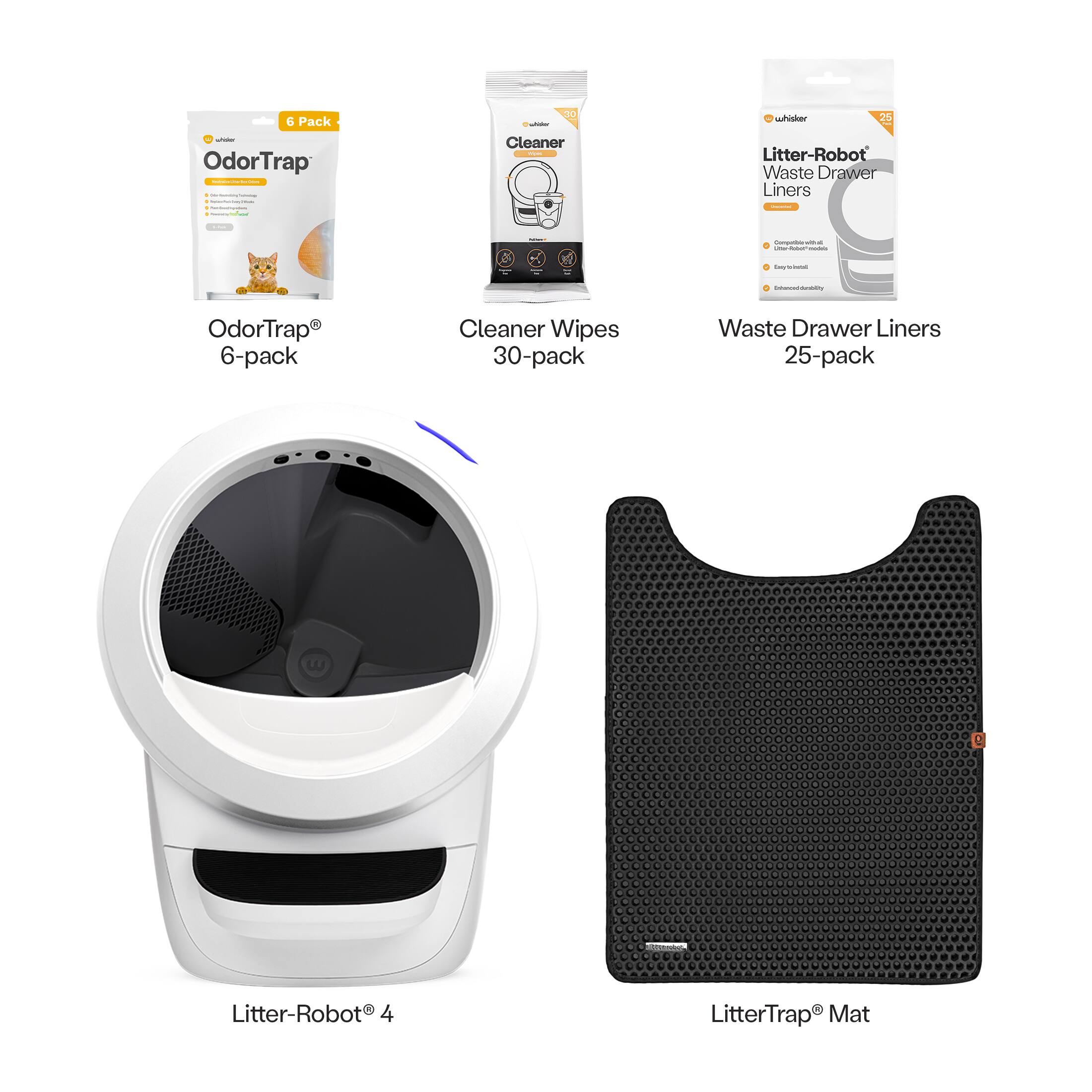 - OdorTrap 6-pack Cleaner Wipes 30-pack
- Waste Drawer Liners 25-pack
- Litter-Robot 4
- LitterTrap Mat