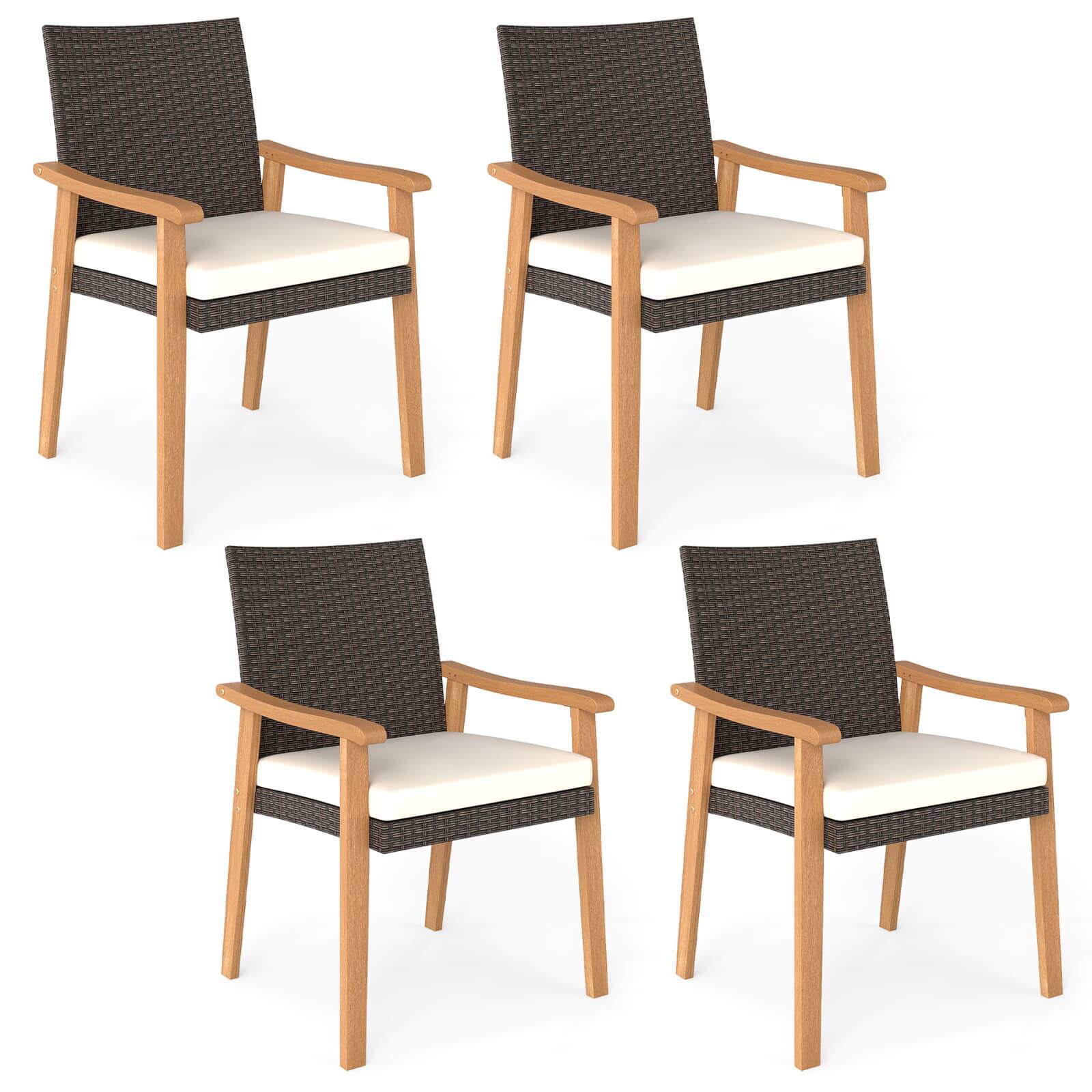 Front. Costway - Costway Patio Dining Chair Set of 4 with Cushion Wood Armrests Metal Frame for Garden - Mixed Brown,Natural.