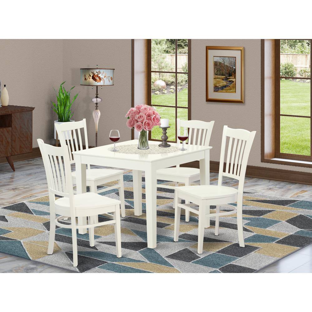 Back. East West Furniture - 5 PC Kitchen Table and 4 Wood Dining Chairs in Linen White - Linen White.