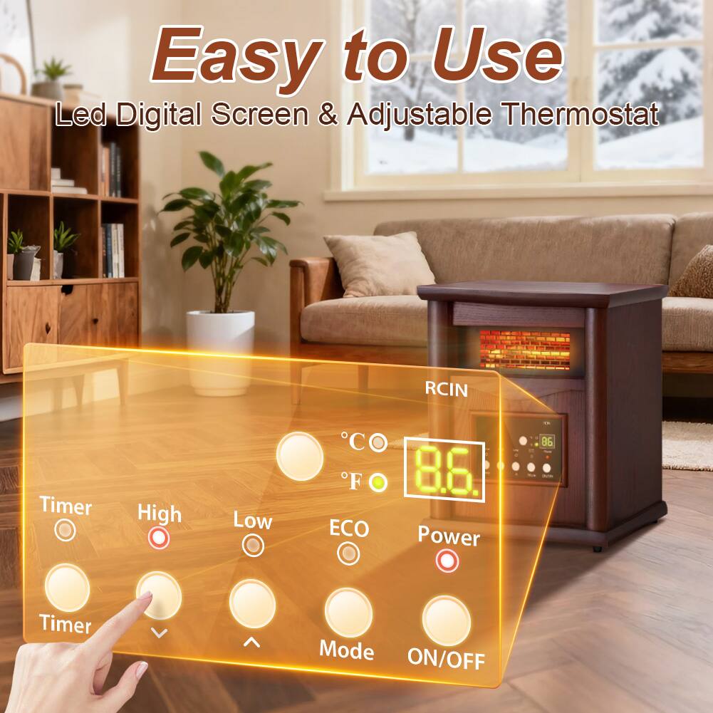 Easy to Use  
Led Digital Screen & Adjustable Thermostat  

RCIN  
CO  
F  
8.6  
Power 4  
Timer Mode ON/OFF  

Timer  
High  
Low  
ECO  
Mode