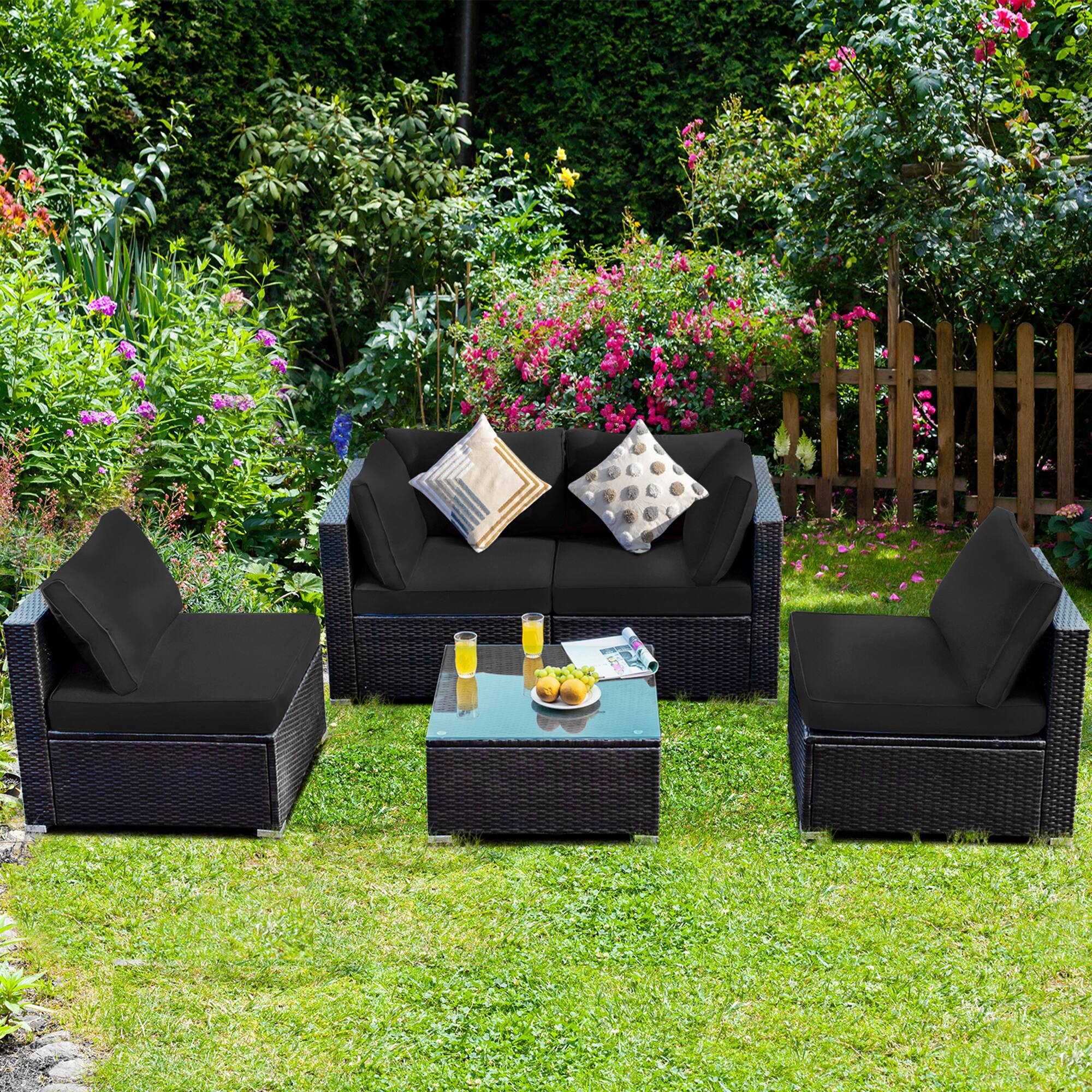 Alt View 2. Gymax - Gymax 5PCS Rattan Patio Conversation Set Sofa Furniture Set w/ Black Cushions - Mix brown.