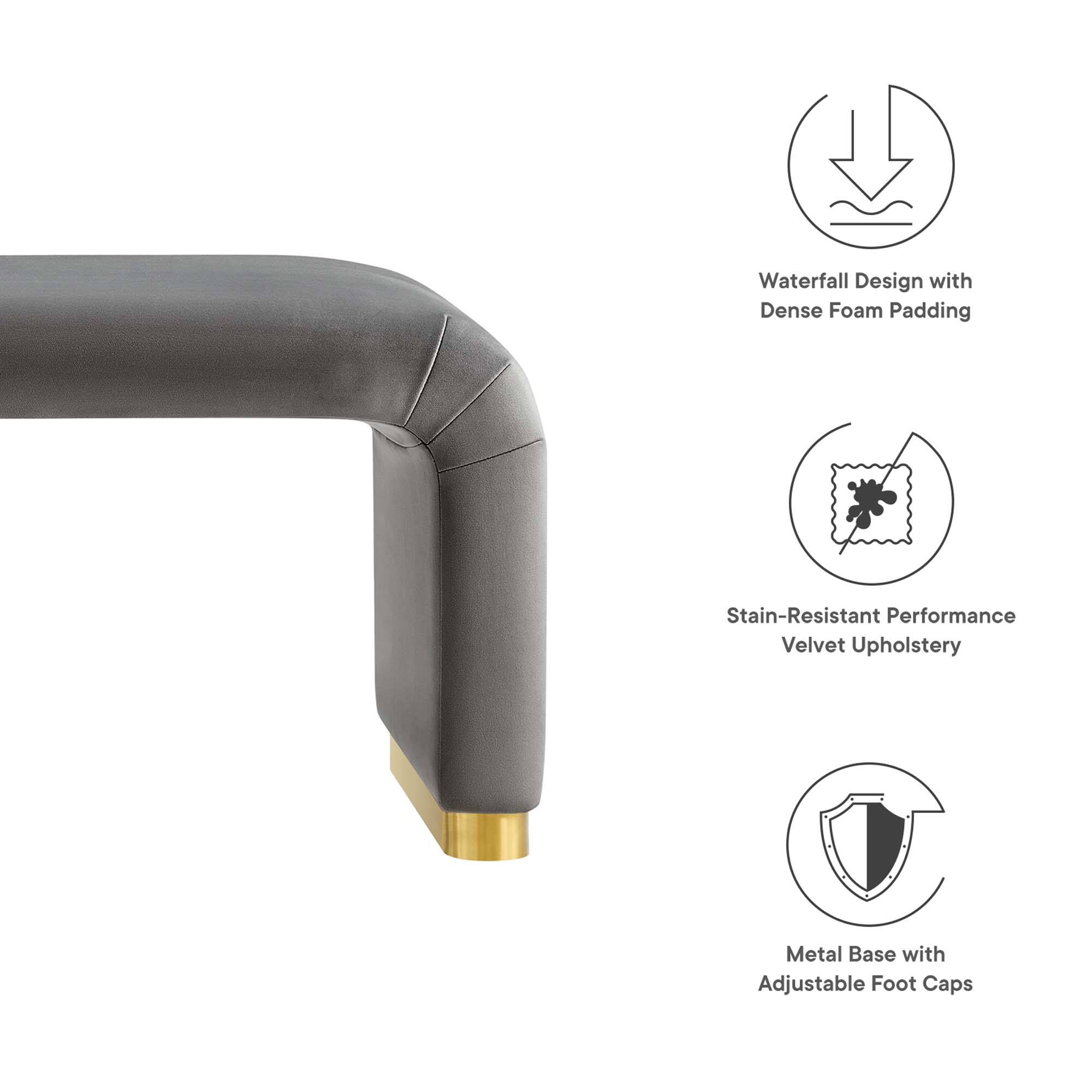 Waterfall Design with Dense Foam Padding  
Stain-Resistant Performance Velvet Upholstery  
Metal Base with Adjustable Foot Caps