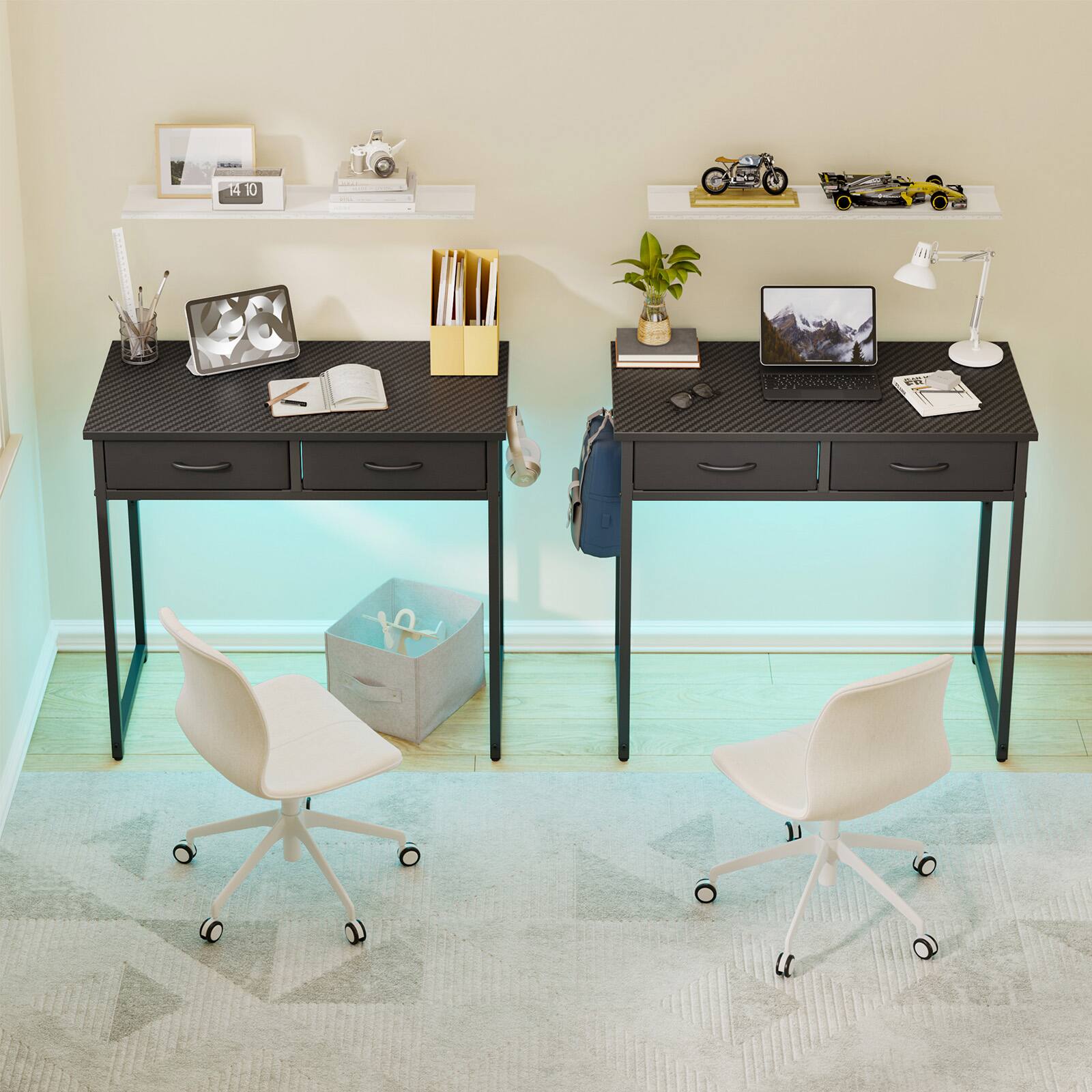 Left. Pinmoco - Pinmoco - 32 Inch LED Writing Desk Office Desk Computer Desk Kids Study Desk Vanity Desk with RGB Lights & Smart Storage - Carbon Fiber Black.