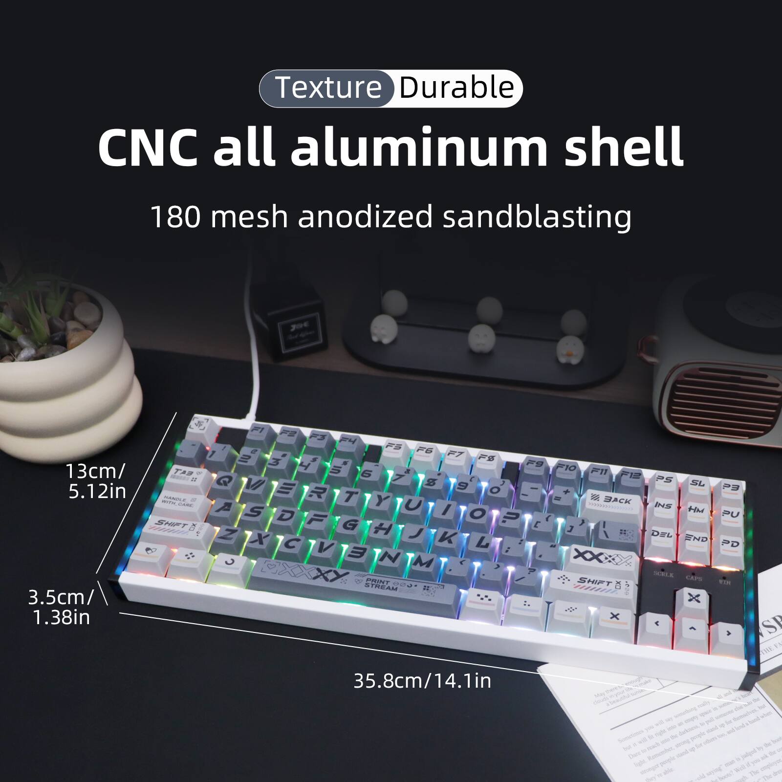 Texture Durable CNC all aluminum shell 180 mesh anodized sandblasting  
13cm/ 5.12in  
3.5cm/ 1.38in  
35.8cm/14.1in  

DIVONET STREAM  
FI0 F11 F12  
ACK INS H PU  
DaL SHD PD XX SHIFT S ET WE  

The text on the image is:  
Texture Durable  
CNC all aluminum shell  
180 mesh anodized sandblasting  

13cm/ 5.12in  
3.5cm/ 1.38in  
35.8cm/14.1in