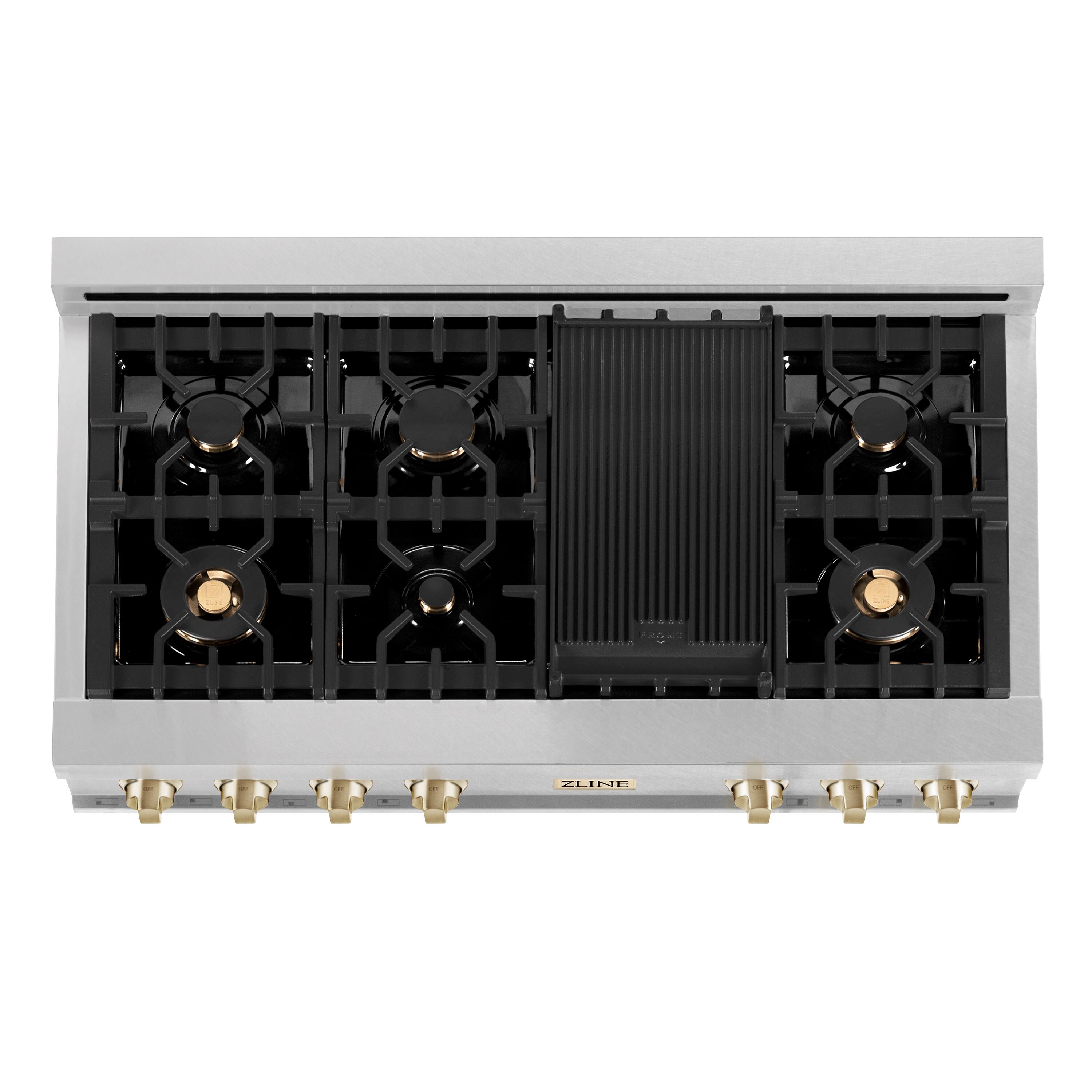 Alt View 2. ZLINE - Autograph 48 in. Legacy Gas Rangetop with 7 Burners and Porcelain Cooktop in Satin Stainless with Polished Gold Accents - Satin Stainless Steel.