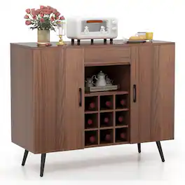Costway - Buffet Sideboard Cabinet Wine Bar Cabinet with Drawer & Adjustable Shelves - Walnut