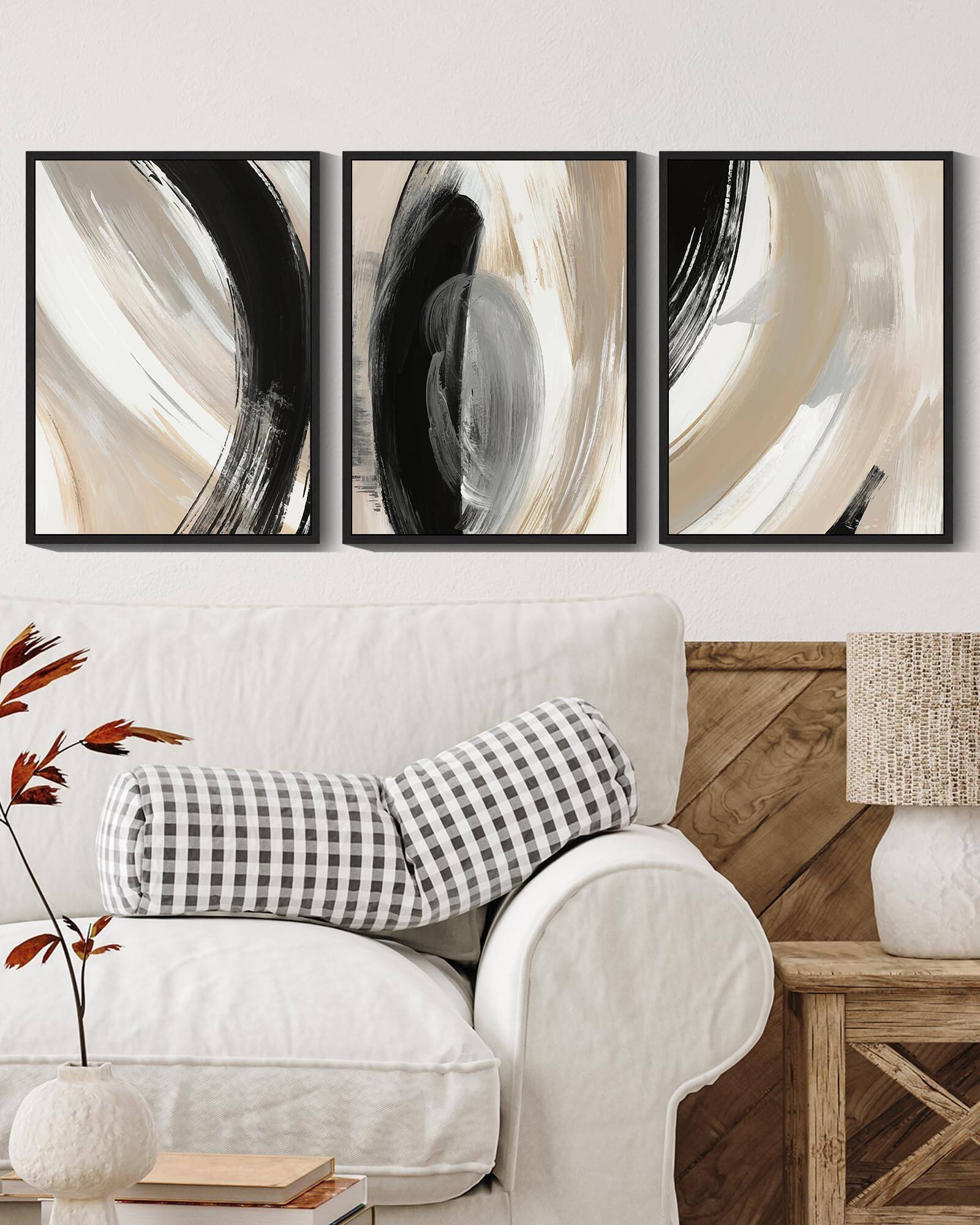 Alt View 5. Hirose Alice - KUVIOKE Modern Abstract Framed Wall Art Black Neutral Minimalist Ink and Wash Graffiti Pastel Wall Decor for - Minimalist Lines 12 x 16in x 3 Panels Black Modern.