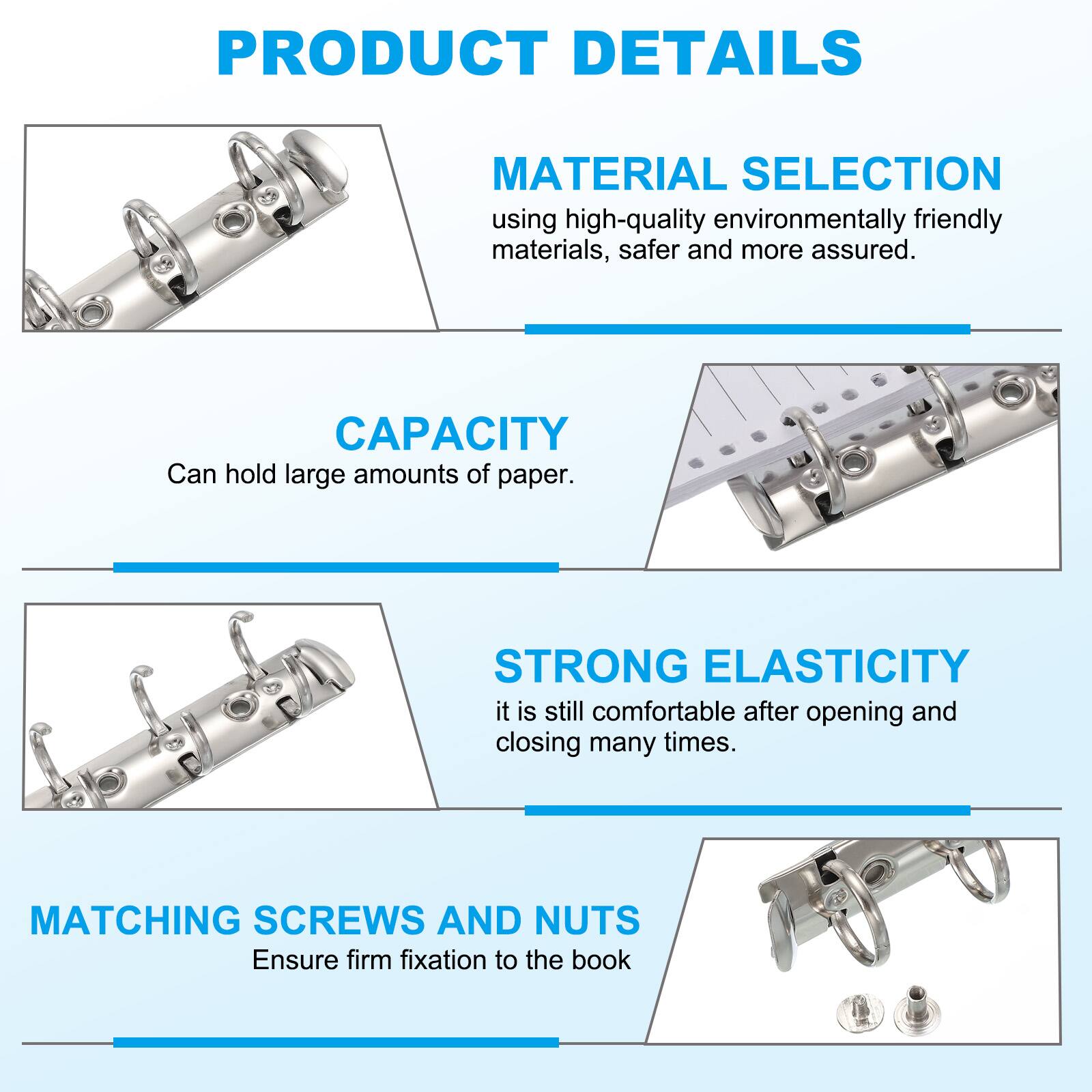 PRODUCT DETAILS

MATERIAL SELECTION
using high-quality environmentally friendly materials, safer and more assured.

CAPACITY
Can hold large amounts of paper.

STRONG ELASTICITY
it is still comfortable after opening and closing many times.

MATCHING SCREWS AND NUTS
Ensure firm fixation to the book