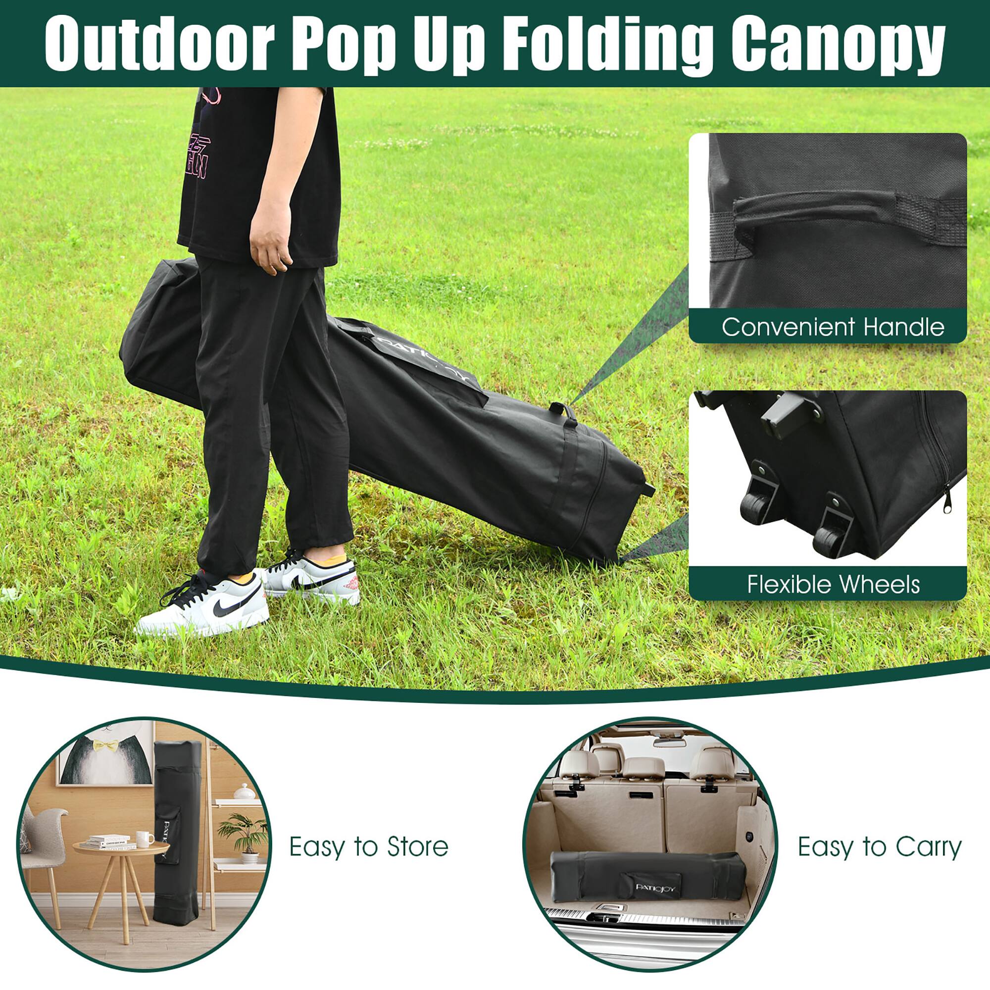 Outdoor Pop Up Folding Canopy

- Convenient Handle
- Flexible Wheels
- Easy to Store
- Easy to Carry