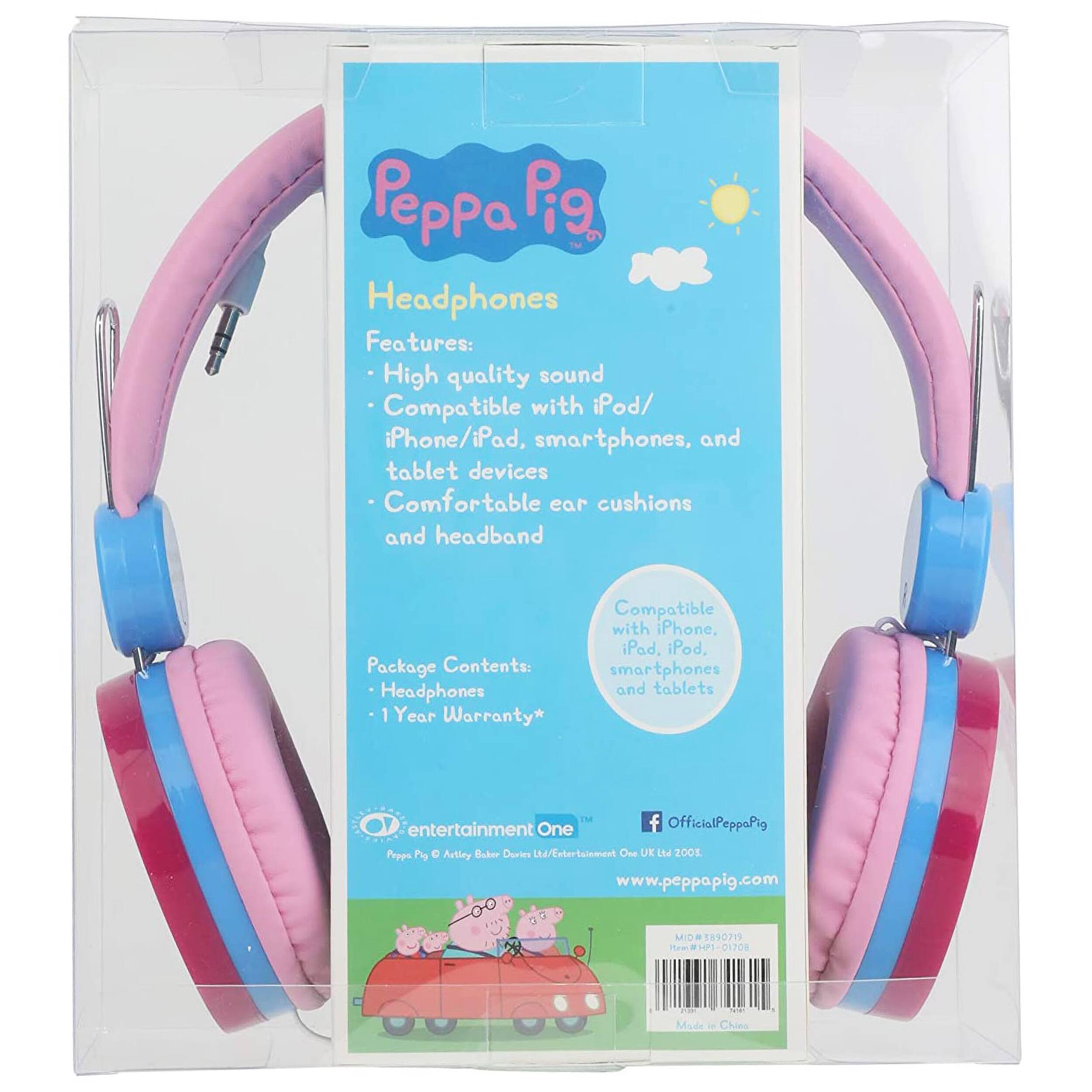 Peppa Pig Headphones

Features:
- High quality sound
- Compatible with iPod/ iPhone/iPad, smartphones, and tablet devices
- Comfortable ear cushions and headband

Package Contents:
- Headphones
- 1 Year Warranty*

Compatible with iPhone, iPad, iPod, smartphones and tablets

OfficialPeppaPig Entertainment One
Astiny Buler Duvies Ltd/tetertunment Ohe UK Ltd 2001
www.peppapig.com
MIO 1810719 omHP1-0120 01708
Made in China