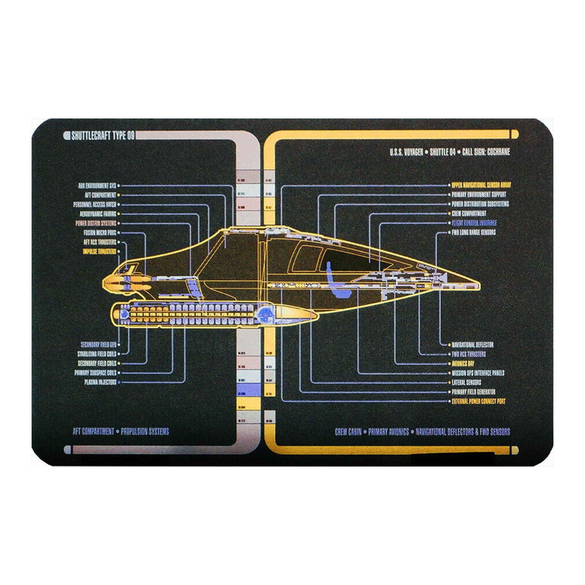 SHUTTLECRAFT TYPE 09  
U.S.S. VOYAGER - SHUTTLE 04 - CALL SIGN: COCHRANE  

AFT COMPARTMENT  
- PROPULSION SYSTEMS  
- CREW CABIN  
- PRIMARY AVIONICS  
- NAVIGATION DEFLECTORS & 3RD SENSORS  

- AIR ENVIRONMENT SYS  
- AFT COMPARTMENT  
- PERSONNEL ACCESS HATCH  
- AERODYNAMIC FLUSHING  
- POWER DISTRIBUTION SUBSYSTEMS  
- PRIMARY ENVIRONMENT SUPPORT  
- AFT CONDENSERS  
- IMPULSE ENGINES  
- AFT CONDENSERS  
- PRIMARY ENVIRONMENT SUPPORT  
- SECONDARY FIELD GENERATOR  
- SECONDARY FIELD GENERATOR  
- PRIMARY ENVIRONMENT SUPPORT  
- PLASMA REACTORS  

- UPPER NAVIGATION SENSOR ARRAY  
- PRIMARY ENVIRONMENT SUPPORT  
- POWER DISTRIBUTION SUBSYSTEMS  
- CREW COMPARTMENT  
- ENGINE CONTROL SYSTEM  
- FWD LONG RANGE SENSOR  
- NAVIGATION DEFLECTOR  
- FWD SENSOR ARRAY  
- NAVIGATION DEFLECTOR  
- FWD SENSOR ARRAY  
- PRIMARY POWER DISTRIBUTION  
- EXTERNAL POWER CONNECTOR