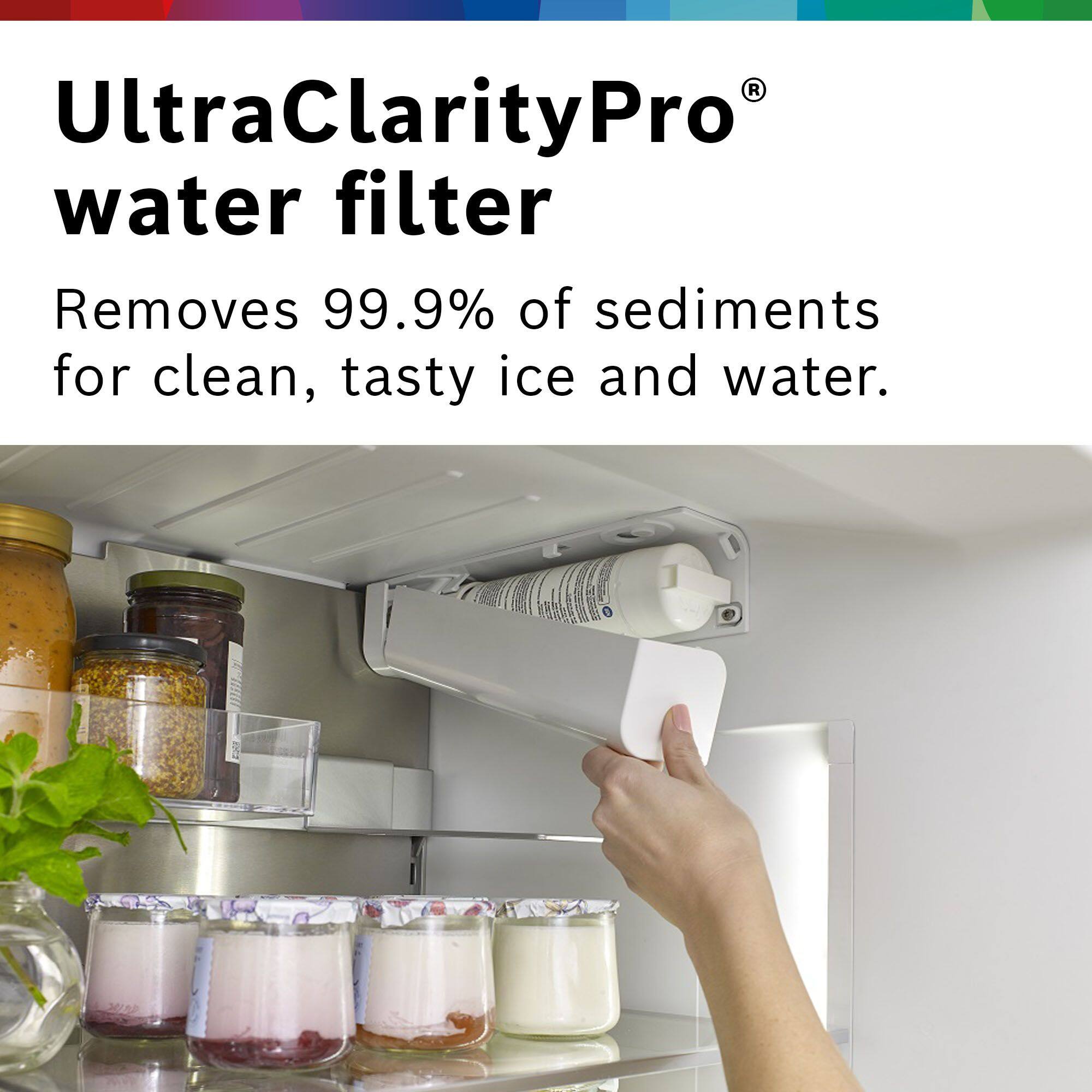 UltraClarityPro® water filter  
Removes 99.9% of sediments for clean, tasty ice and water.