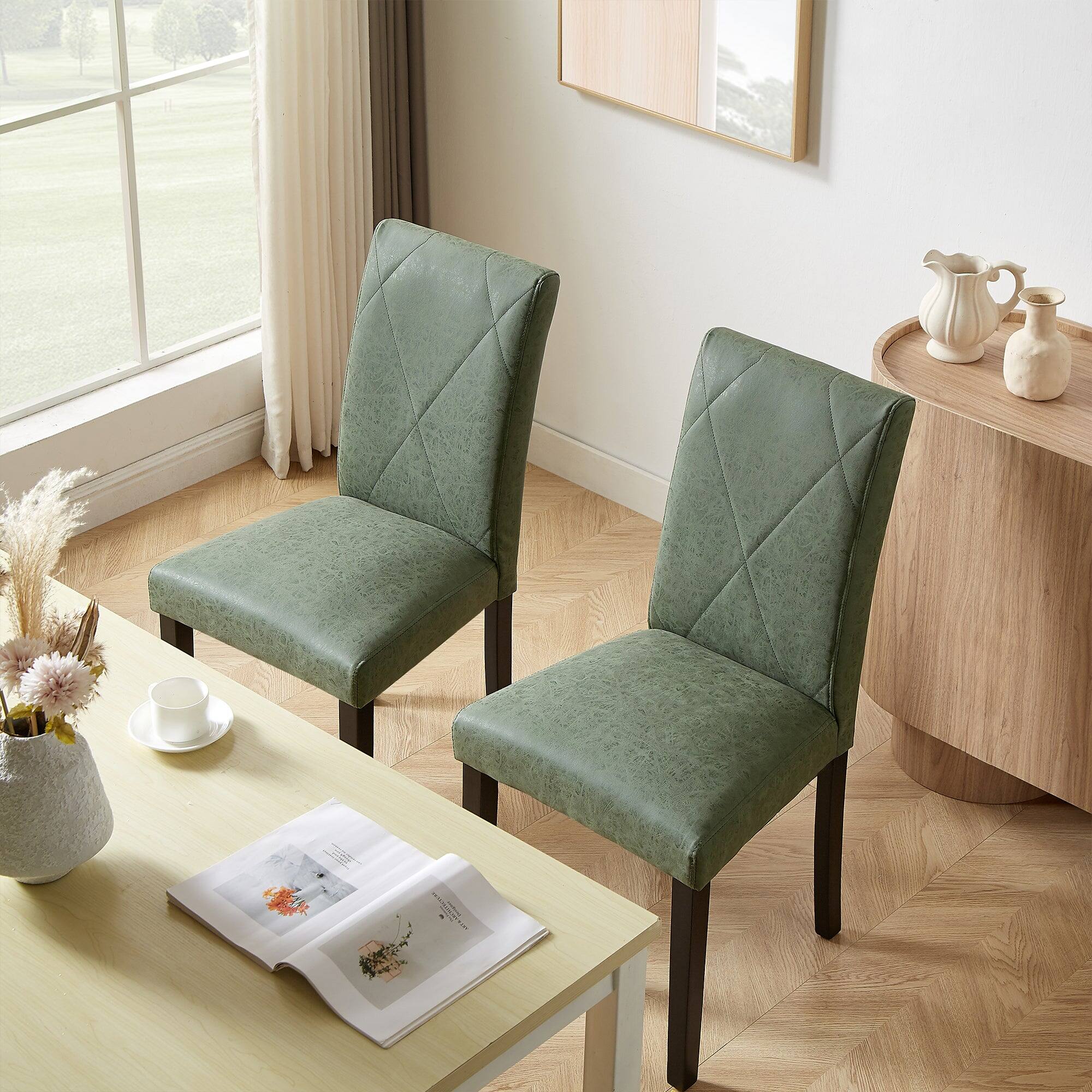 Alt View 2. Vecelo - Set Of 6 Linen Upholstered Dining Chairs with Solid Wood Legs, High Back Ergonomic Kitchen Chairs - Green.