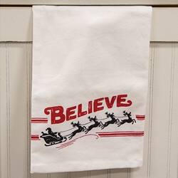 Angle. BreeBe - Believe Santa & Reindeer Dish Towel - Red, White,Black.