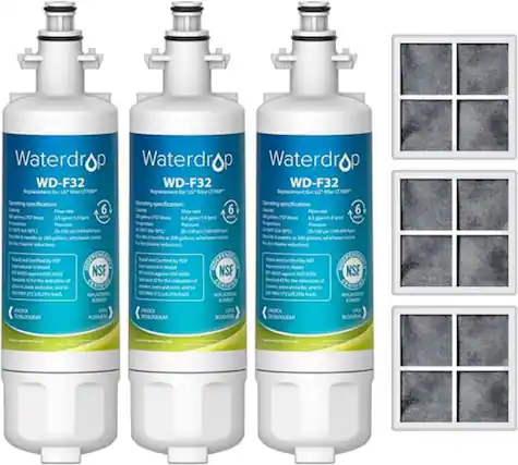 Waterdrop
WD-F32
Replacement for LG* filter (T700)
Operating specifications:
Flow rate: 6 gallons per minute (11.2 liters per minute)
Temperature: 32°F to 104°F (0°C to 40°C)
Capacity: 200 gallons (757 liters)
Certified by NSF International for:
- Reduction of chlorine, taste and odor, and to 99.99% reduction of bacteria
- Reduction of lead to 0.010 ppm (99.99% reduction)
Certified by NSF International for:
- Reduction of chlorine, taste and odor, and to 99.99% reduction of bacteria
- Reduction of lead to 0.010 ppm (99.99% reduction)
Certified by NSF International for:
- Reduction of chlorine, taste and odor, and to 99.99% reduction of bacteria
- Reduction of lead to 0.010 ppm (99.99% reduction)
Certified by NSF International for:
- Reduction of chlorine, taste and odor, and to 99