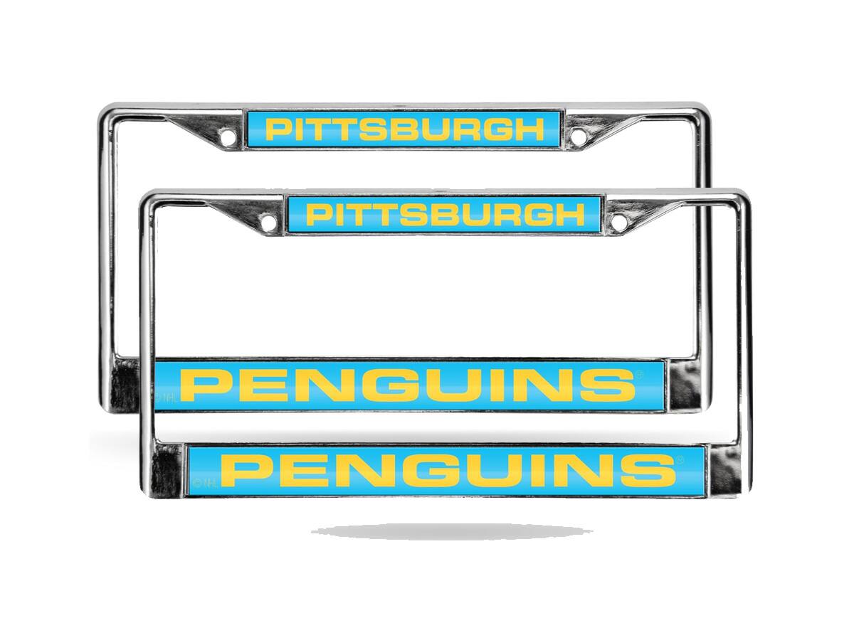 Pittsburgh Penguins Retro Blue Chrome Metal (2) Laser Cut License Plate Frame Set